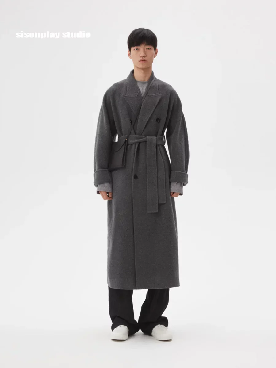 Charcoal Double-Faced Wool Belted Overcoat - Image 2