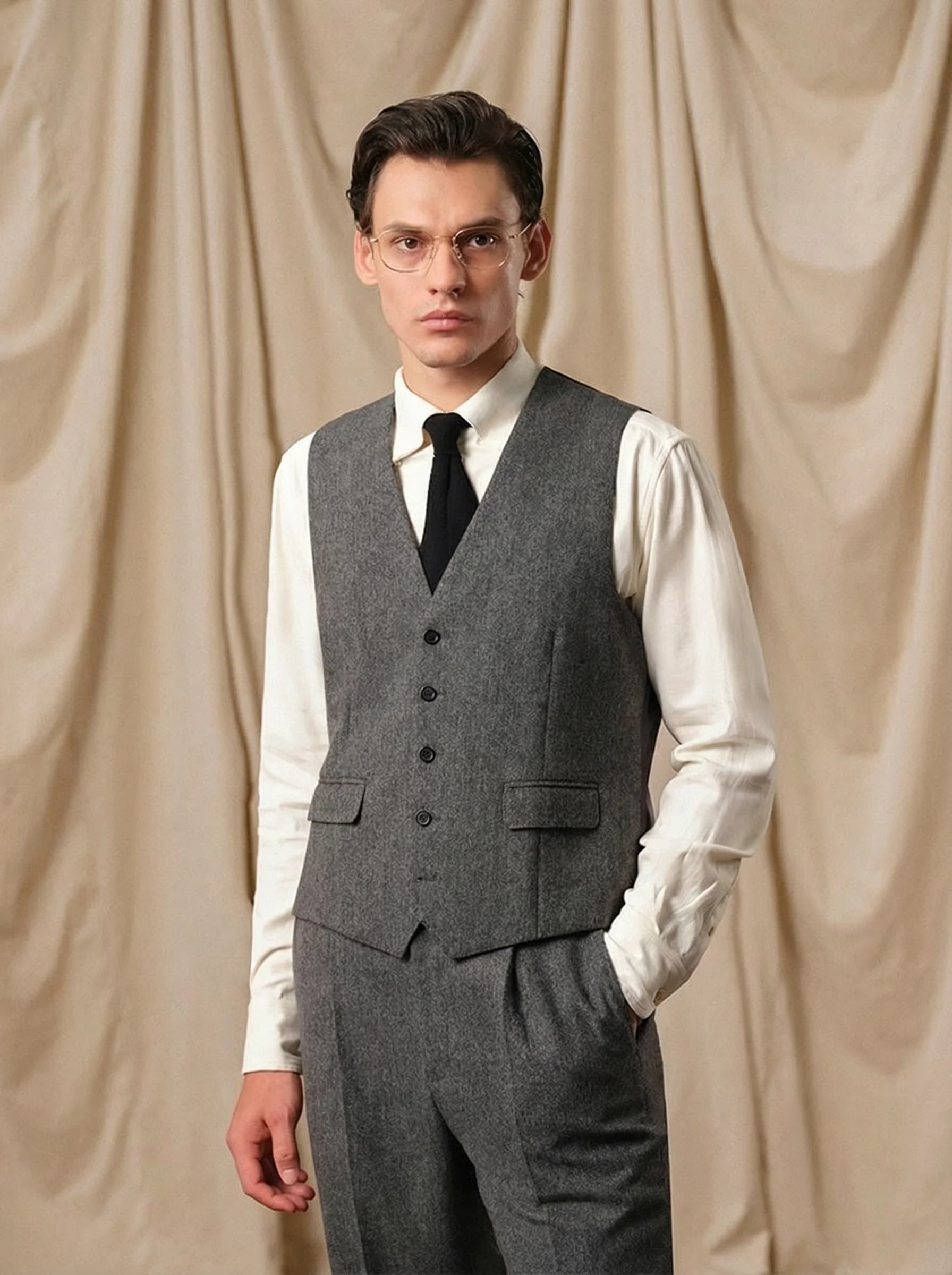 Charcoal Herringbone Flannel Waistcoat