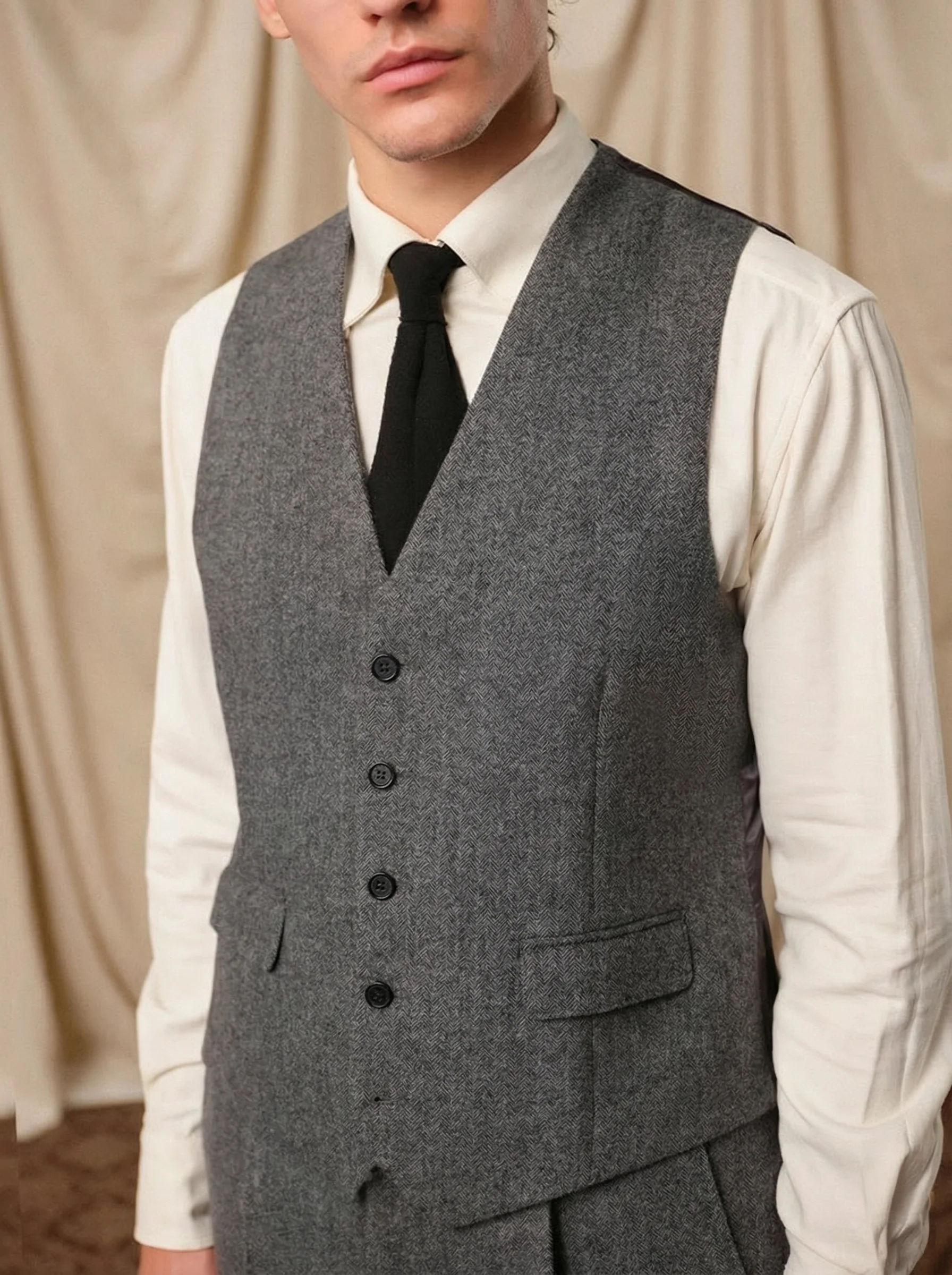 Charcoal Herringbone Flannel Waistcoat - Image 2