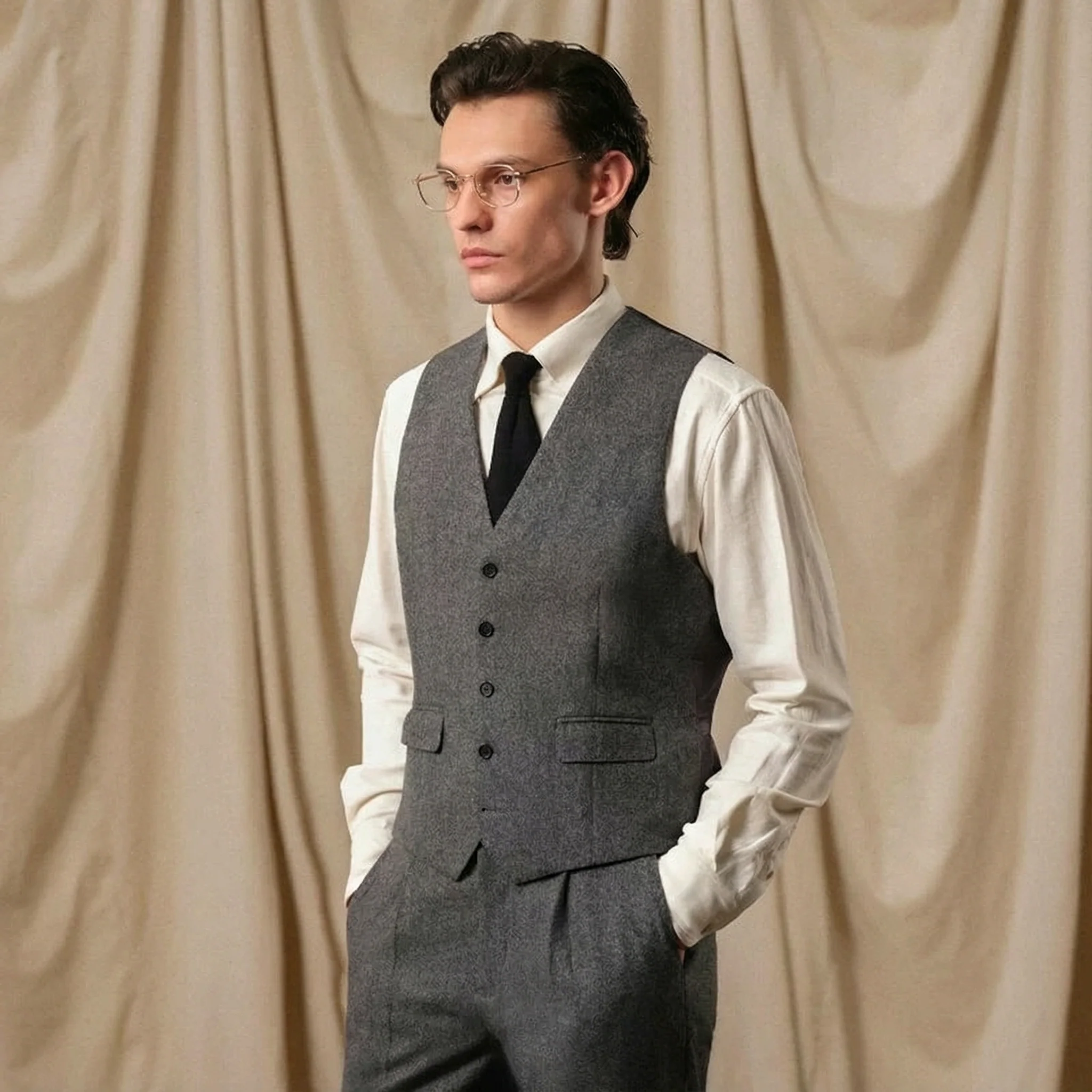 Charcoal Herringbone Flannel Waistcoat - Image 4