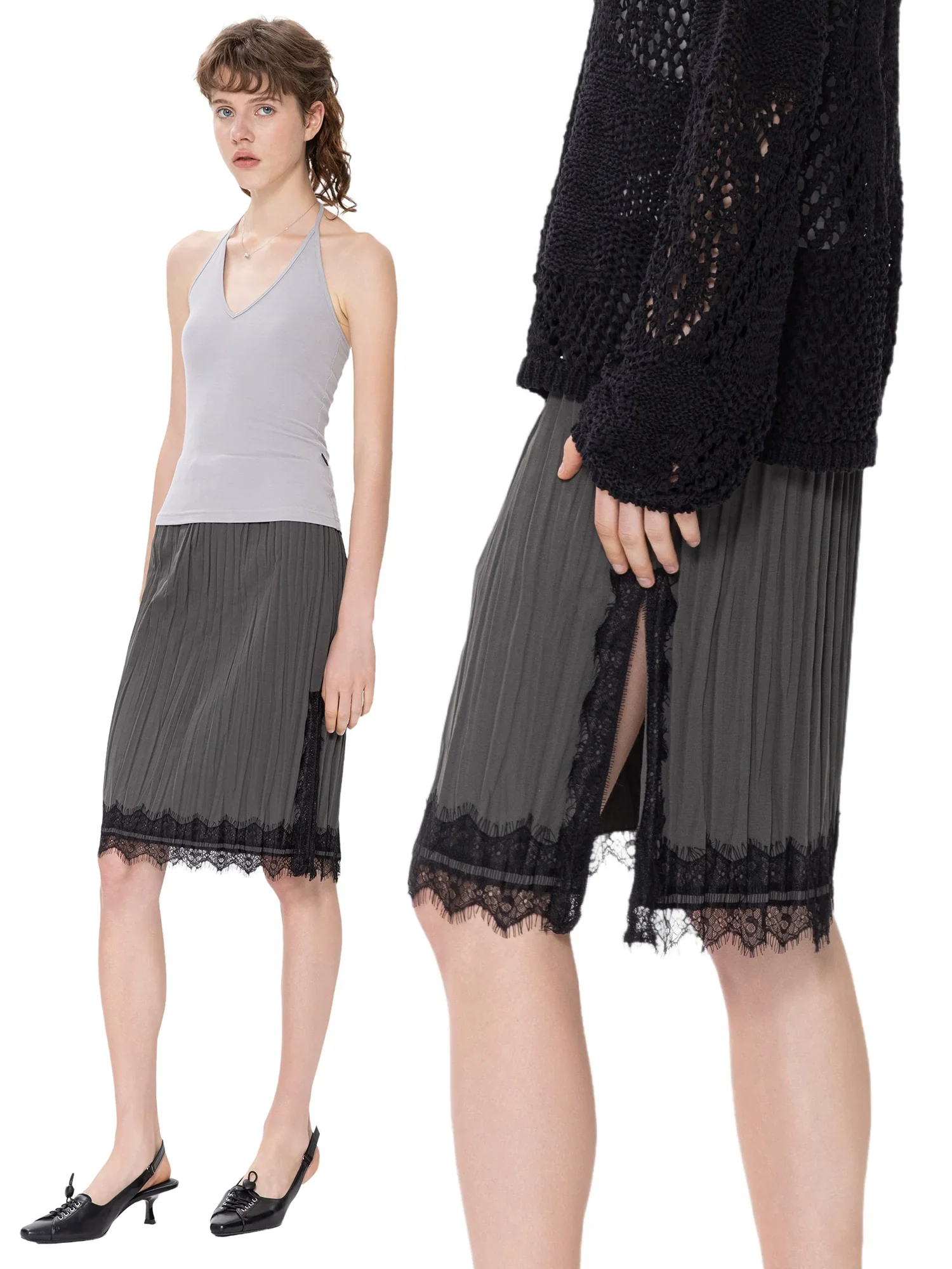 Charcoal Lace-Trim Pleated Midi Skirt