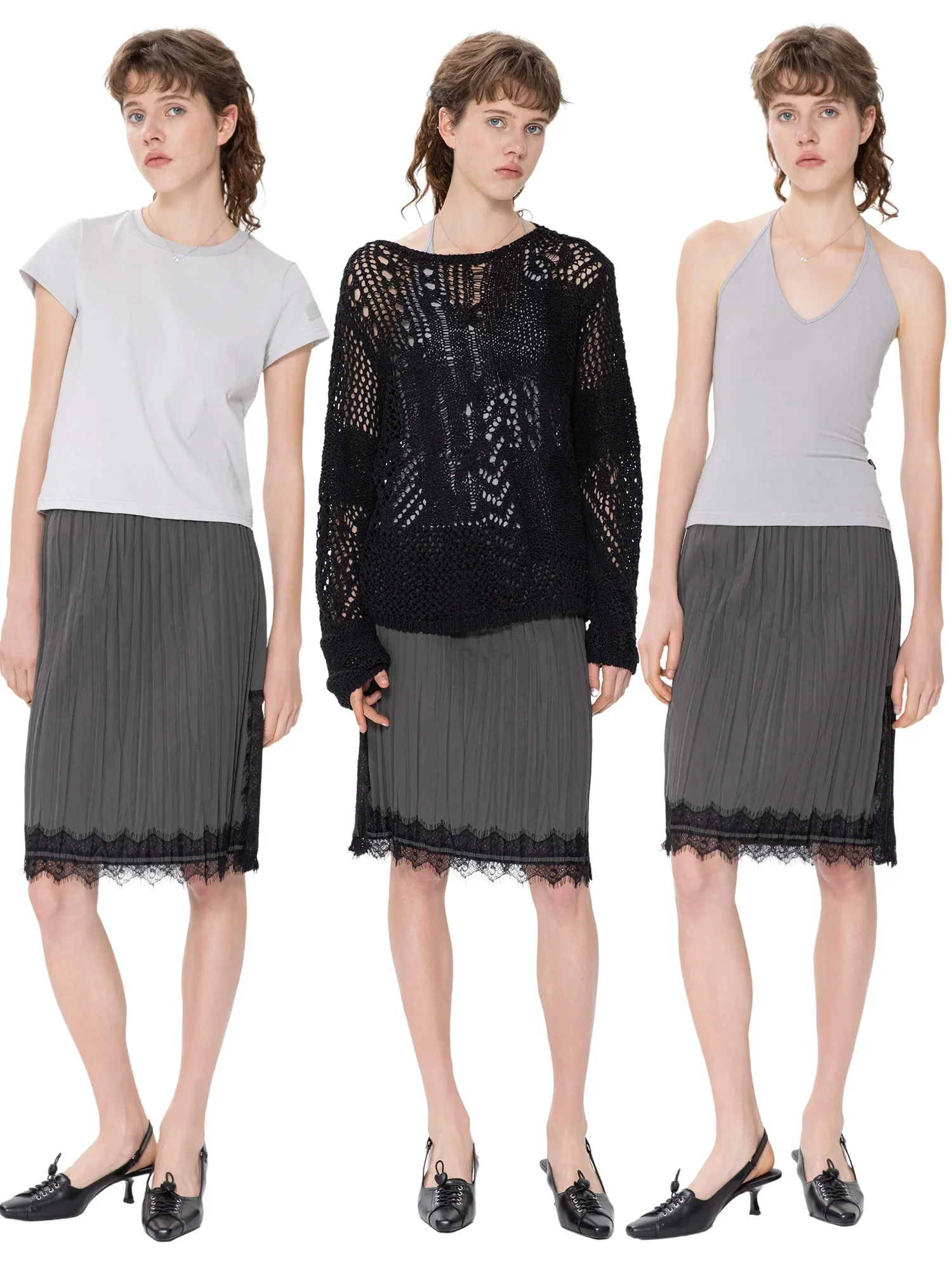 Charcoal Lace-Trim Pleated Midi Skirt - Image 2