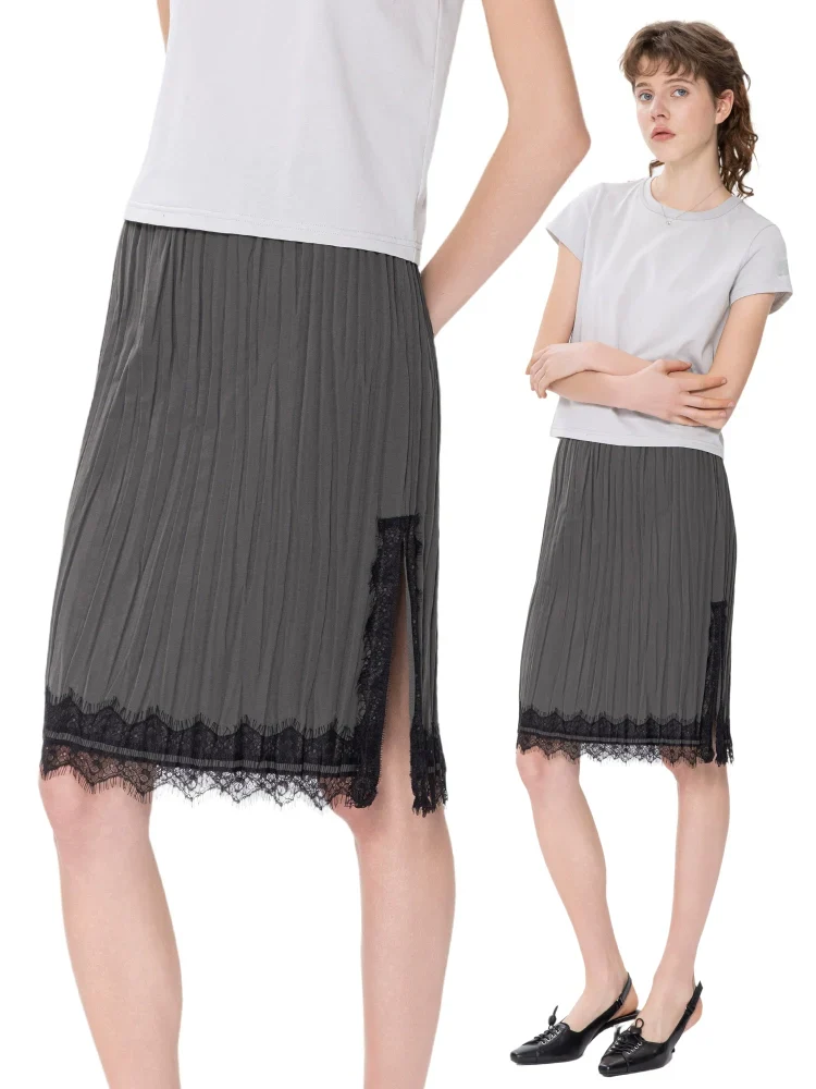 Charcoal Lace-Trim Pleated Midi Skirt - Image 4