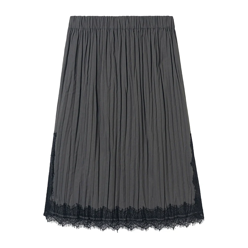 Charcoal Lace-Trim Pleated Midi Skirt - Image 6