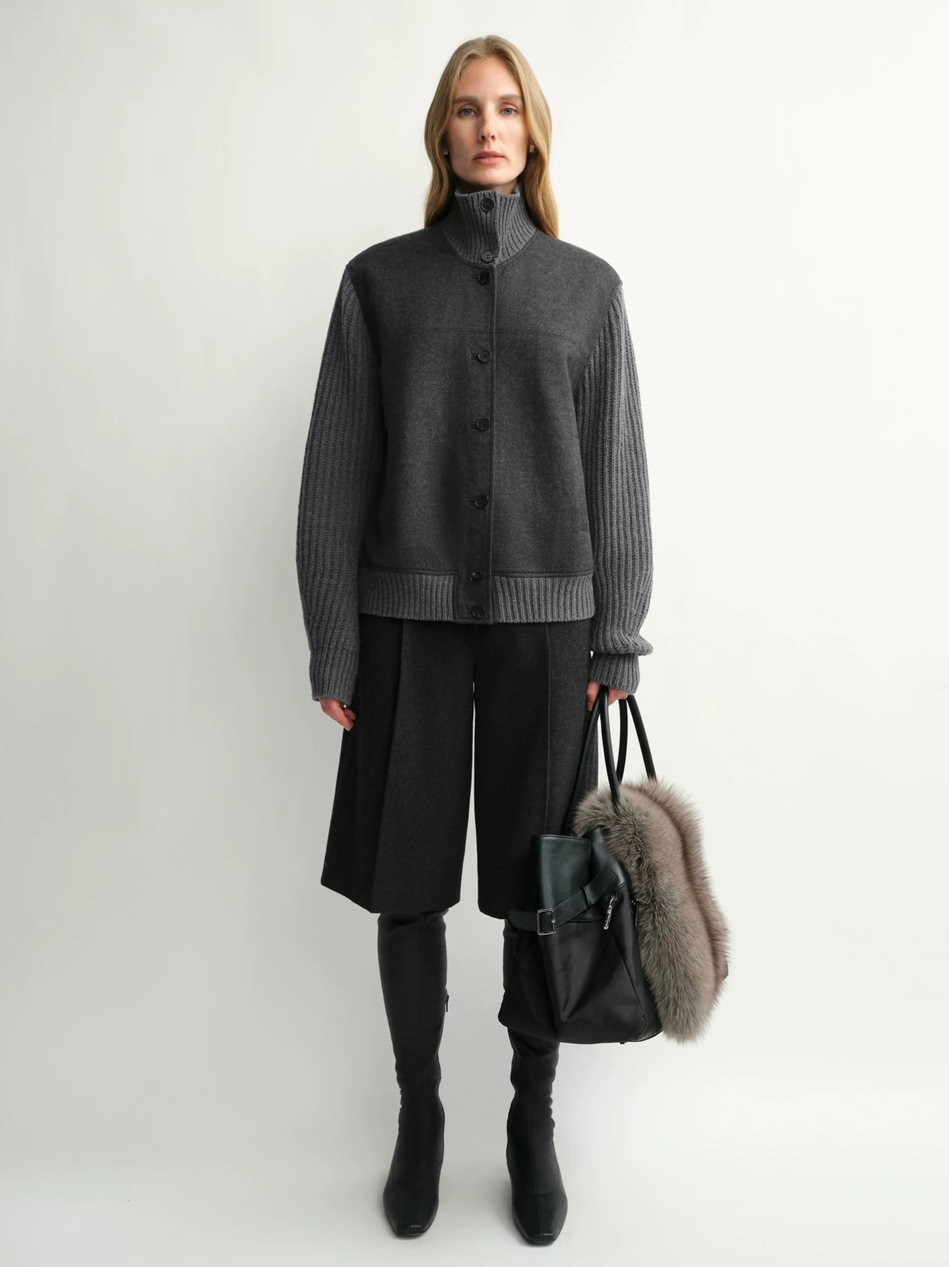 Charcoal Mixed-Media Stand-Collar Jacket