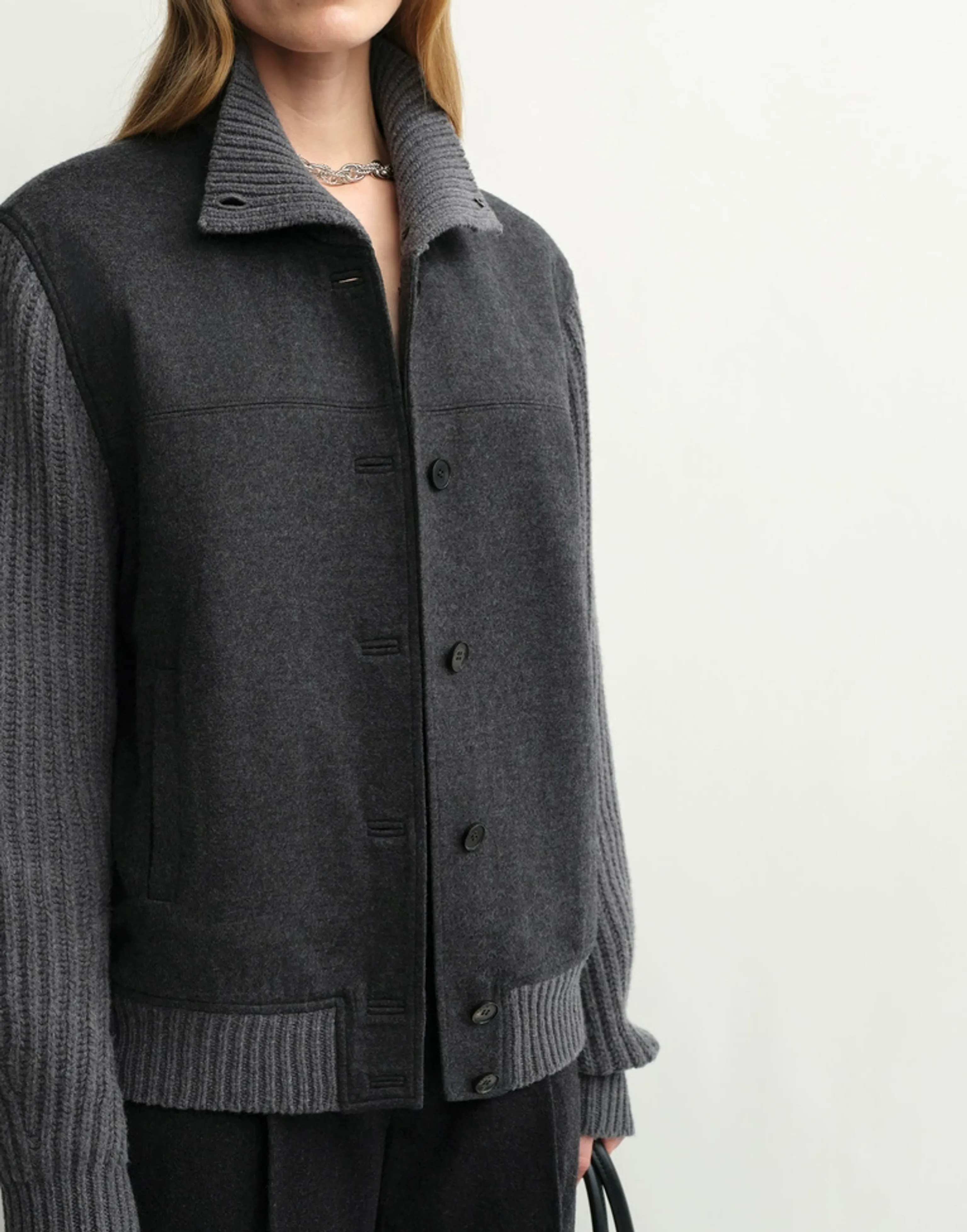 Charcoal Mixed-Media Stand-Collar Jacket - Image 2