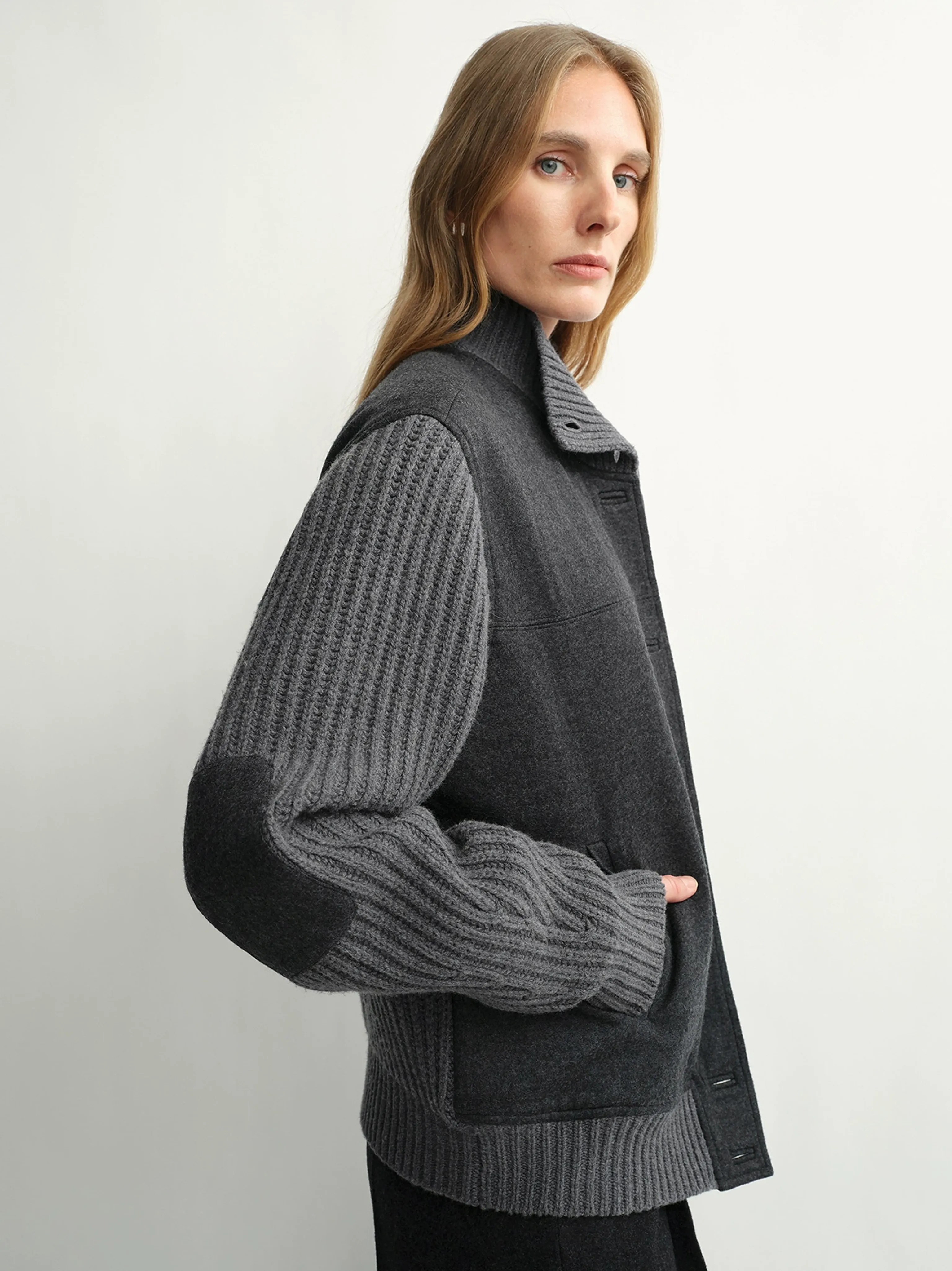 Charcoal Mixed-Media Stand-Collar Jacket - Image 3