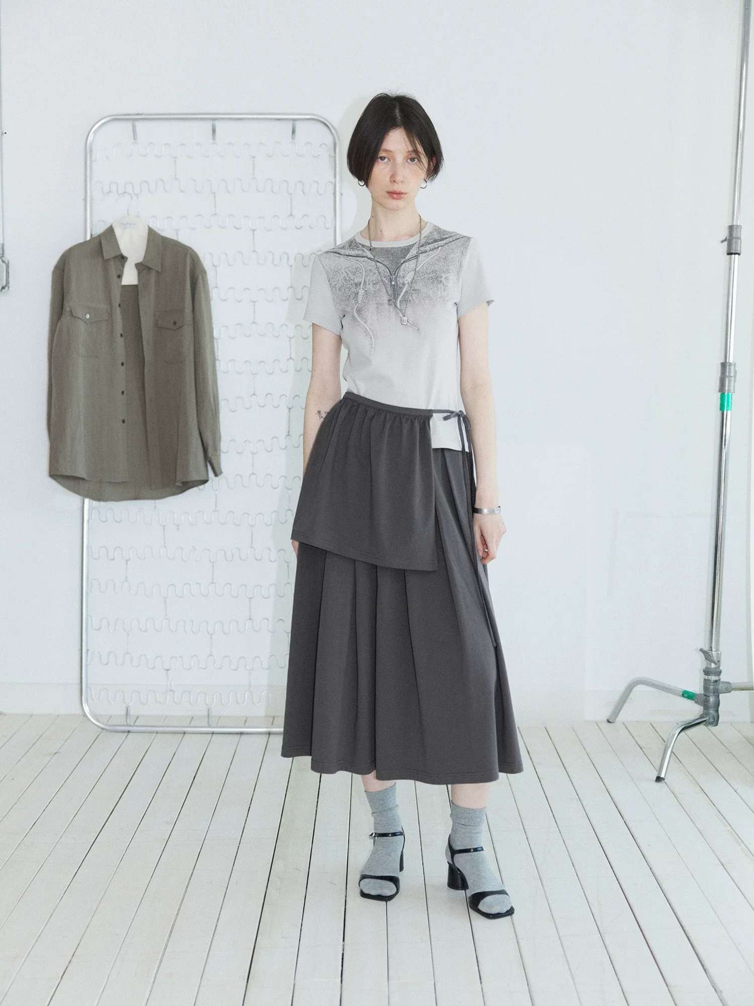Charcoal Pleated Midi Skirt with Detachable Overlay - Image 4