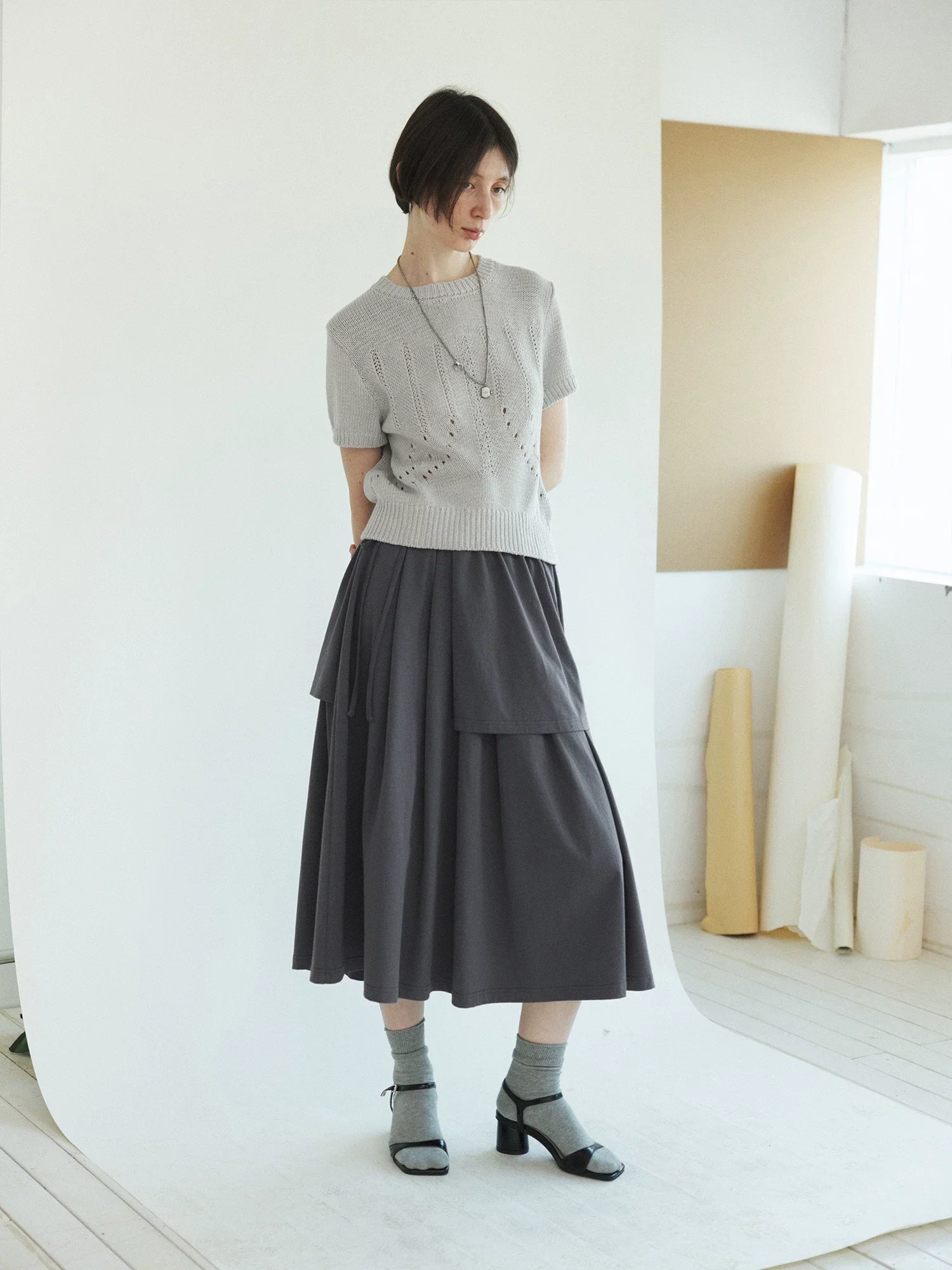 Charcoal Pleated Midi Skirt with Detachable Overlay - Image 5