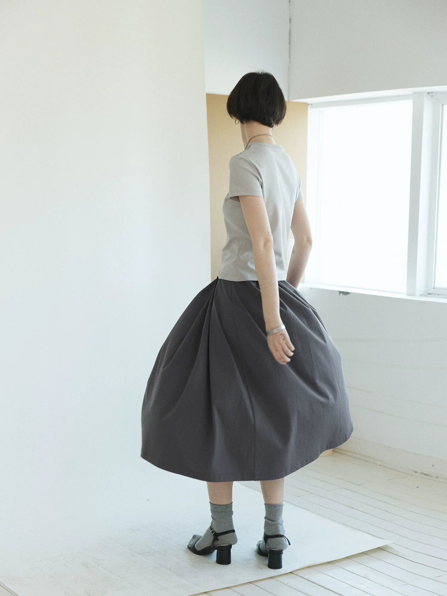 Charcoal Pleated Midi Skirt with Detachable Overlay - Image 6