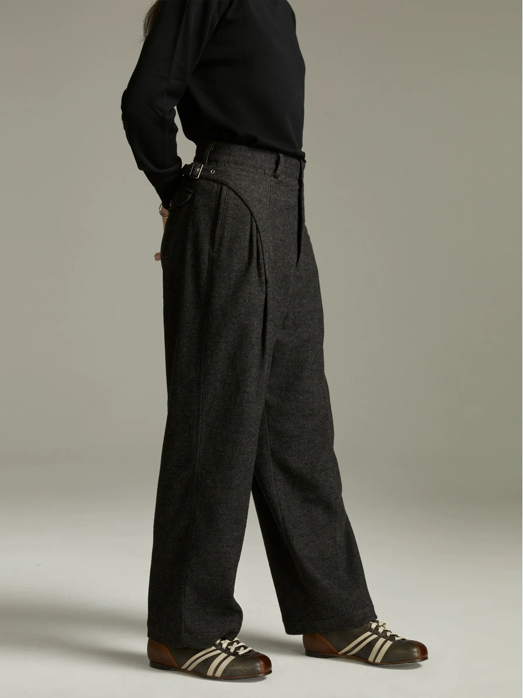 Charcoal Pleated Wool Trousers - Image 2