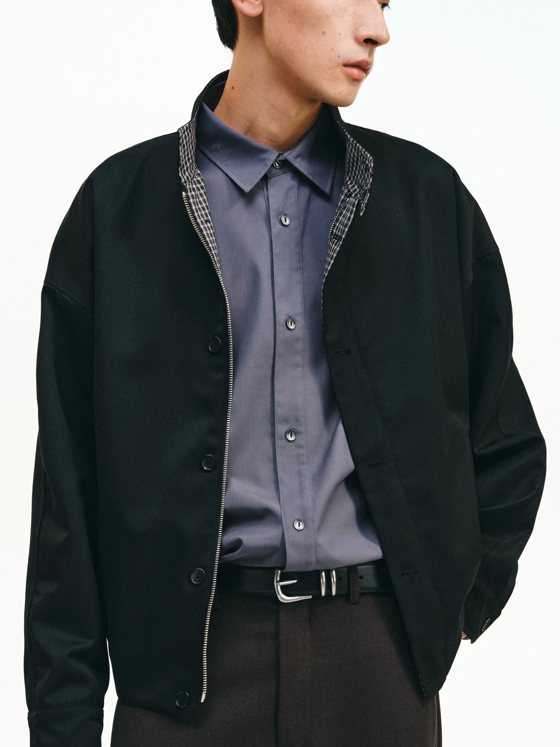 Check-Trim Wool Harrington Jacket