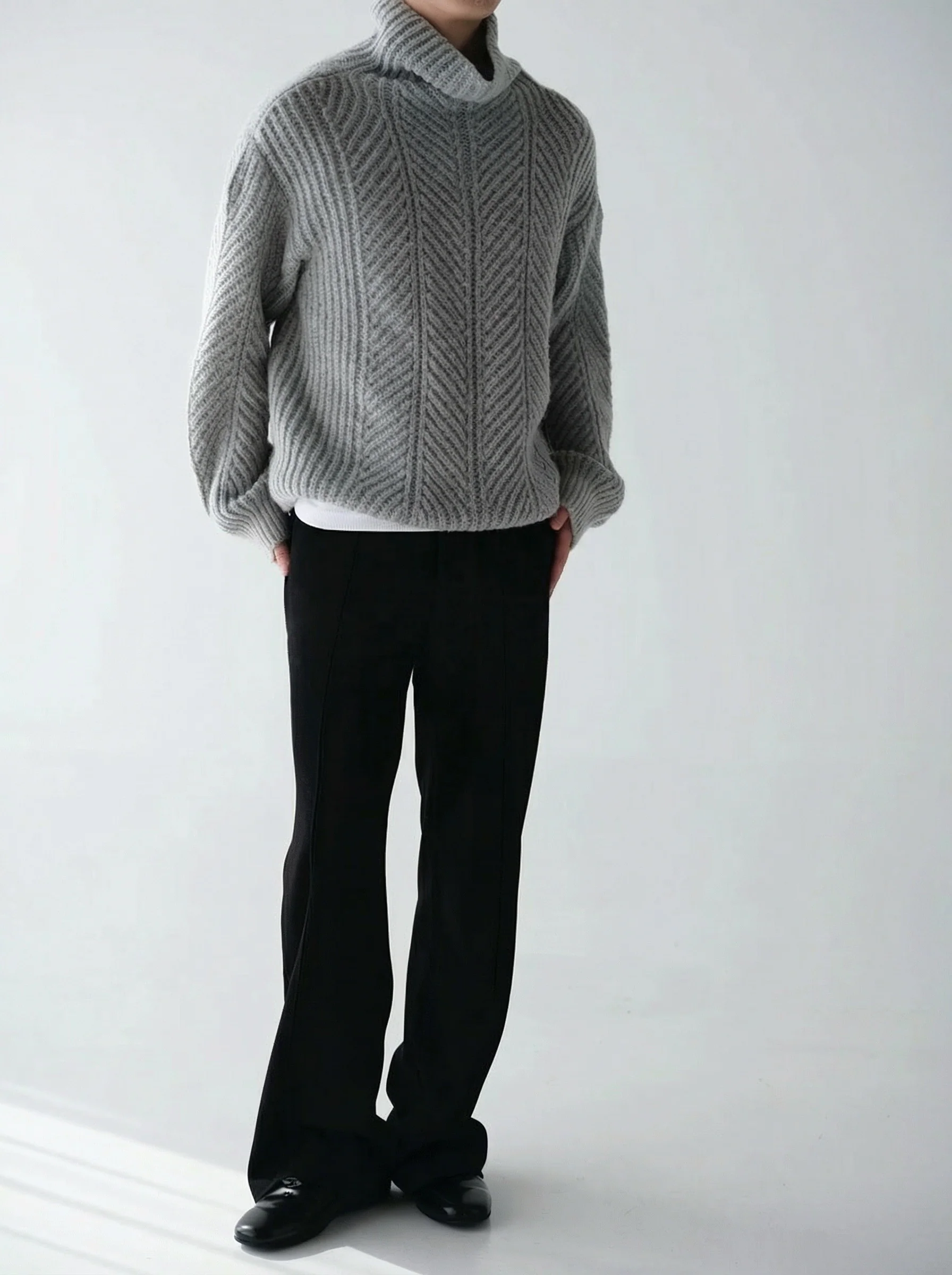 Chevron Rib Merino Drawcord Turtleneck