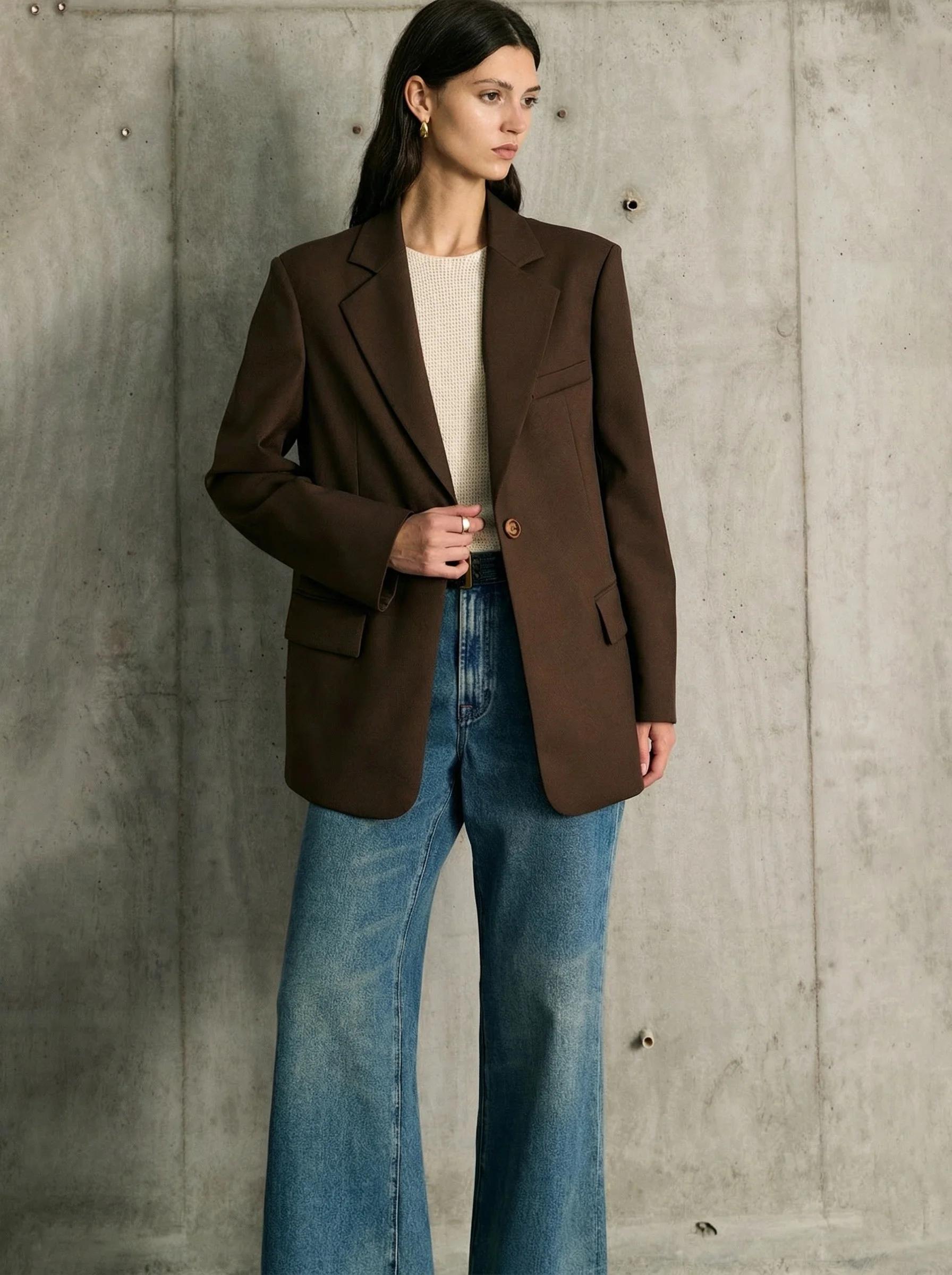 Chocolate Tencel-Wool Single-Button Blazer