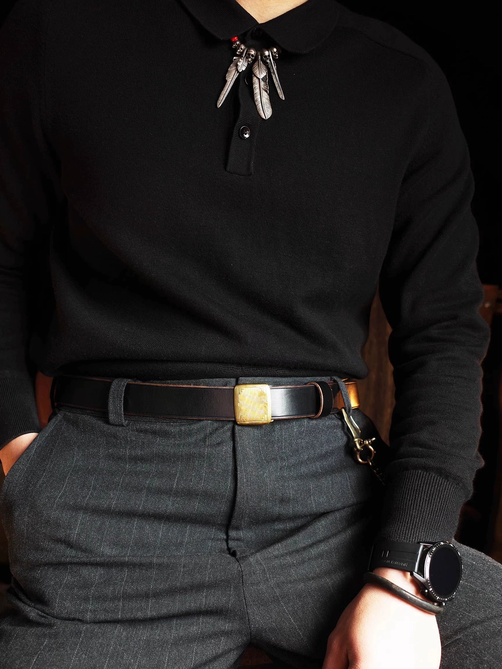 Classic Brass Buckle Leather Belt - Image 2