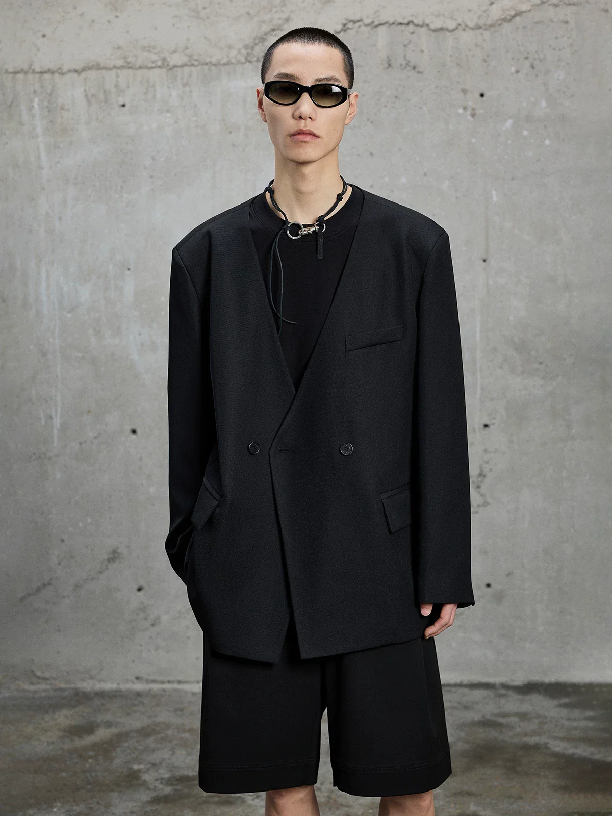 Collarless Double-Breasted Wool Twill Suit
