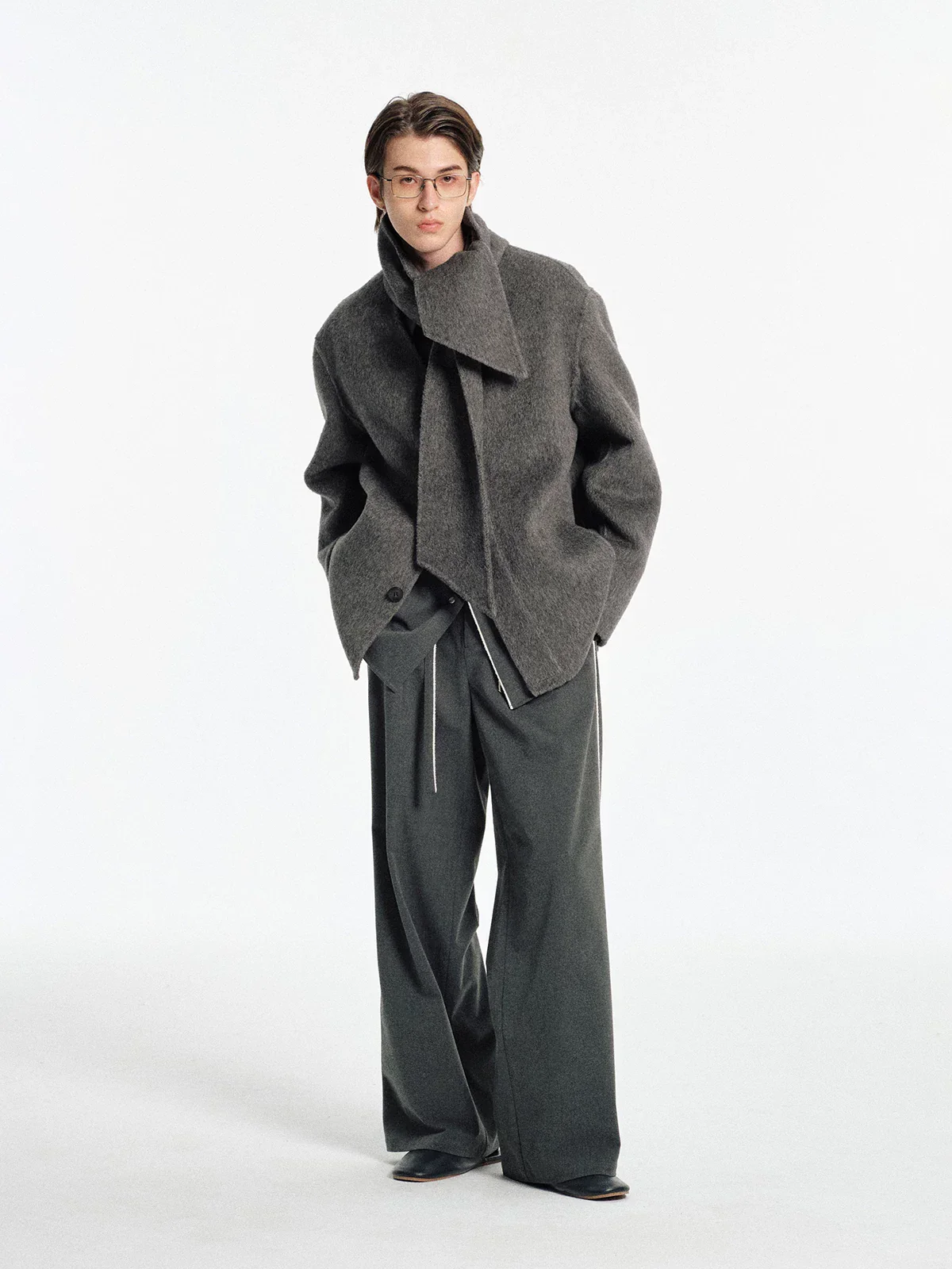 Collarless Double-Faced Wool Jacket & Scarf Set - Image 3