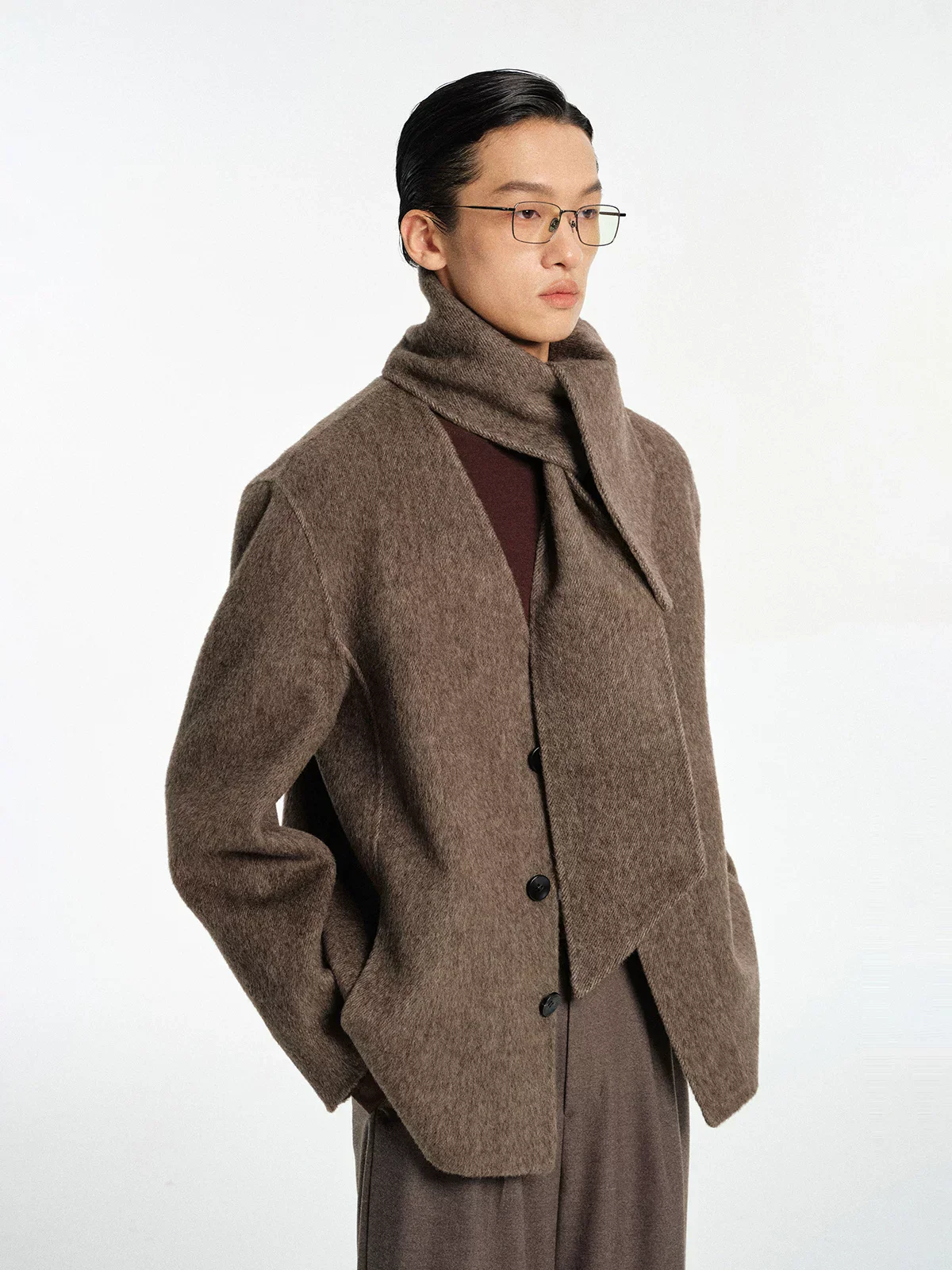 Collarless Double-Faced Wool Jacket & Scarf Set - Image 4