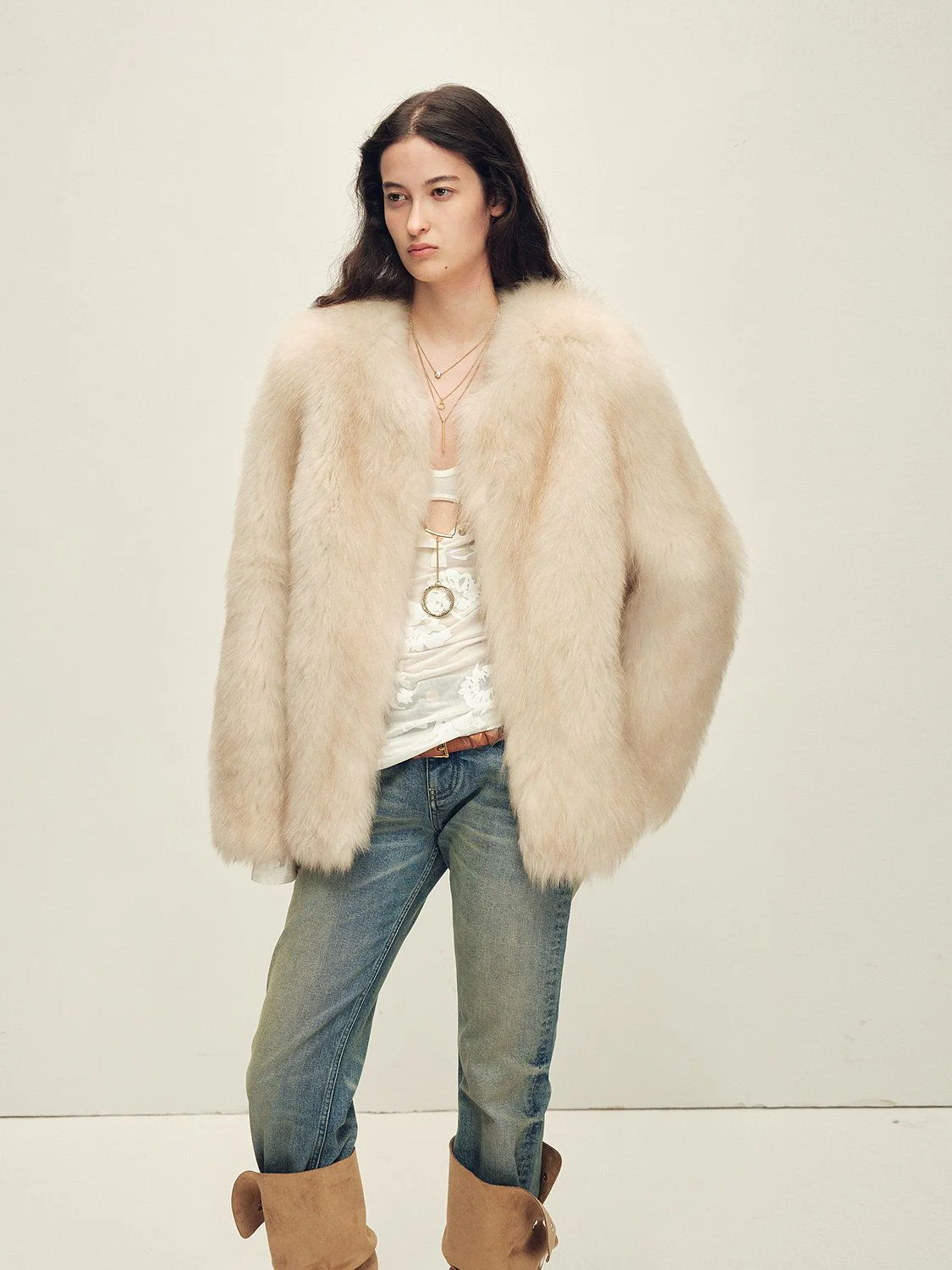 Collarless Fox Fur Jacket