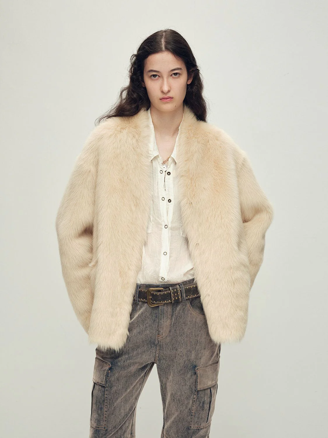 Collarless Fur Jacket
