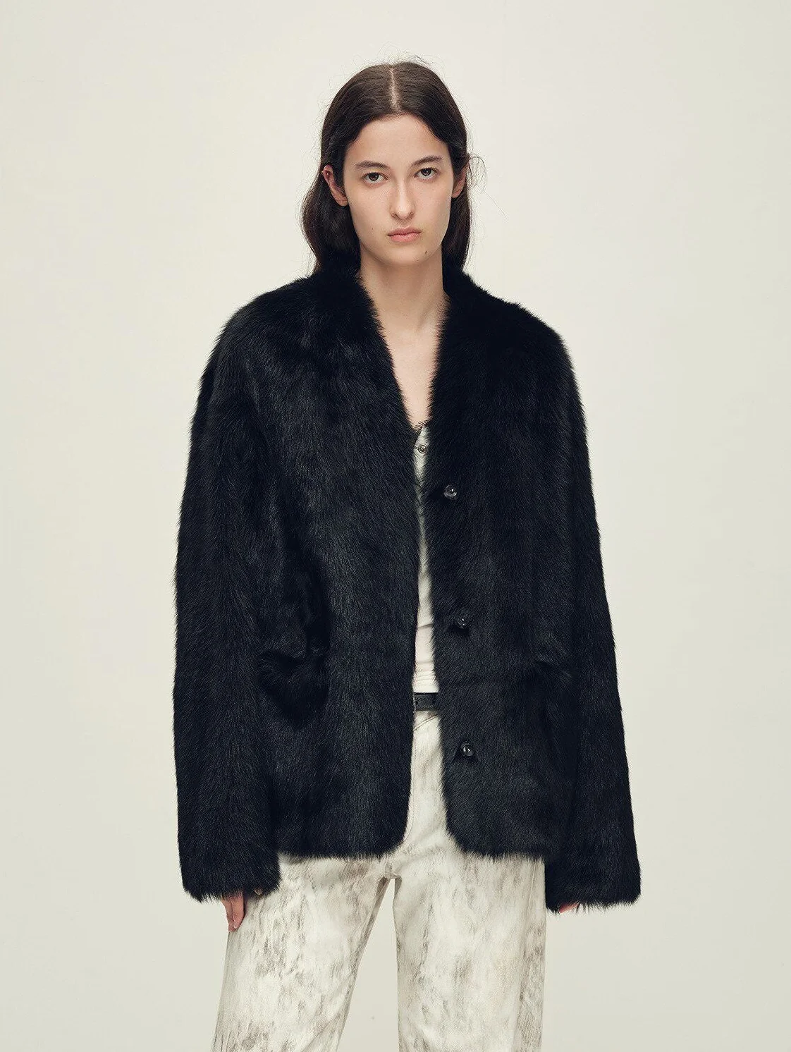 Collarless Fur Jacket - Image 8