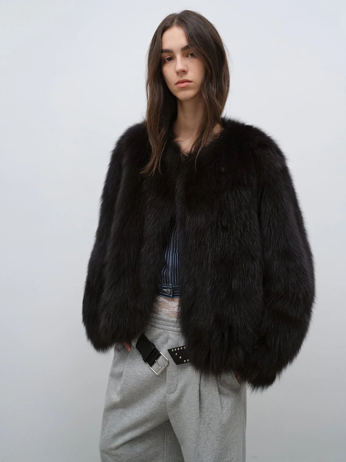 Collarless Fur Jacket