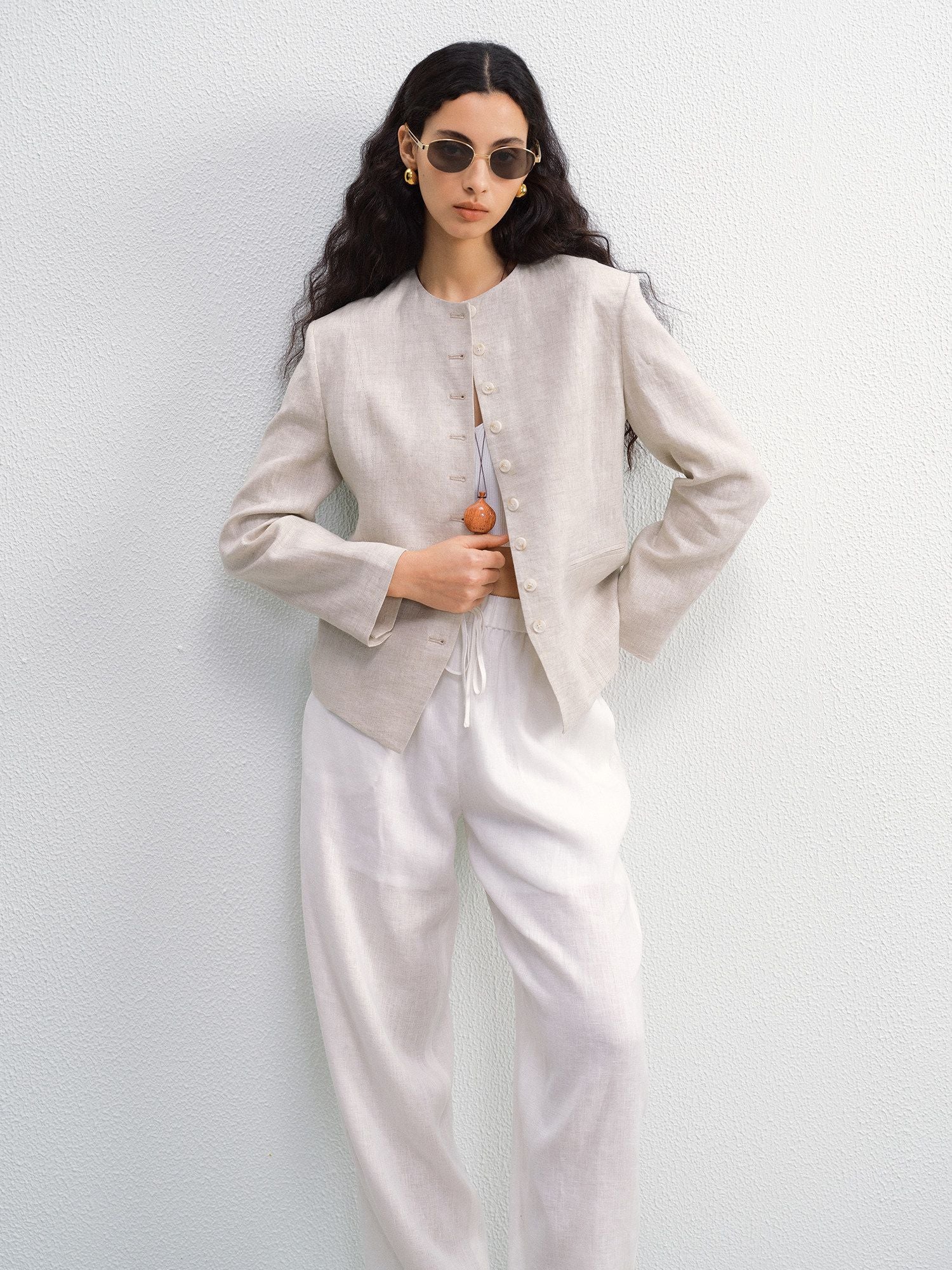 Collarless Linen Jacket - Image 2