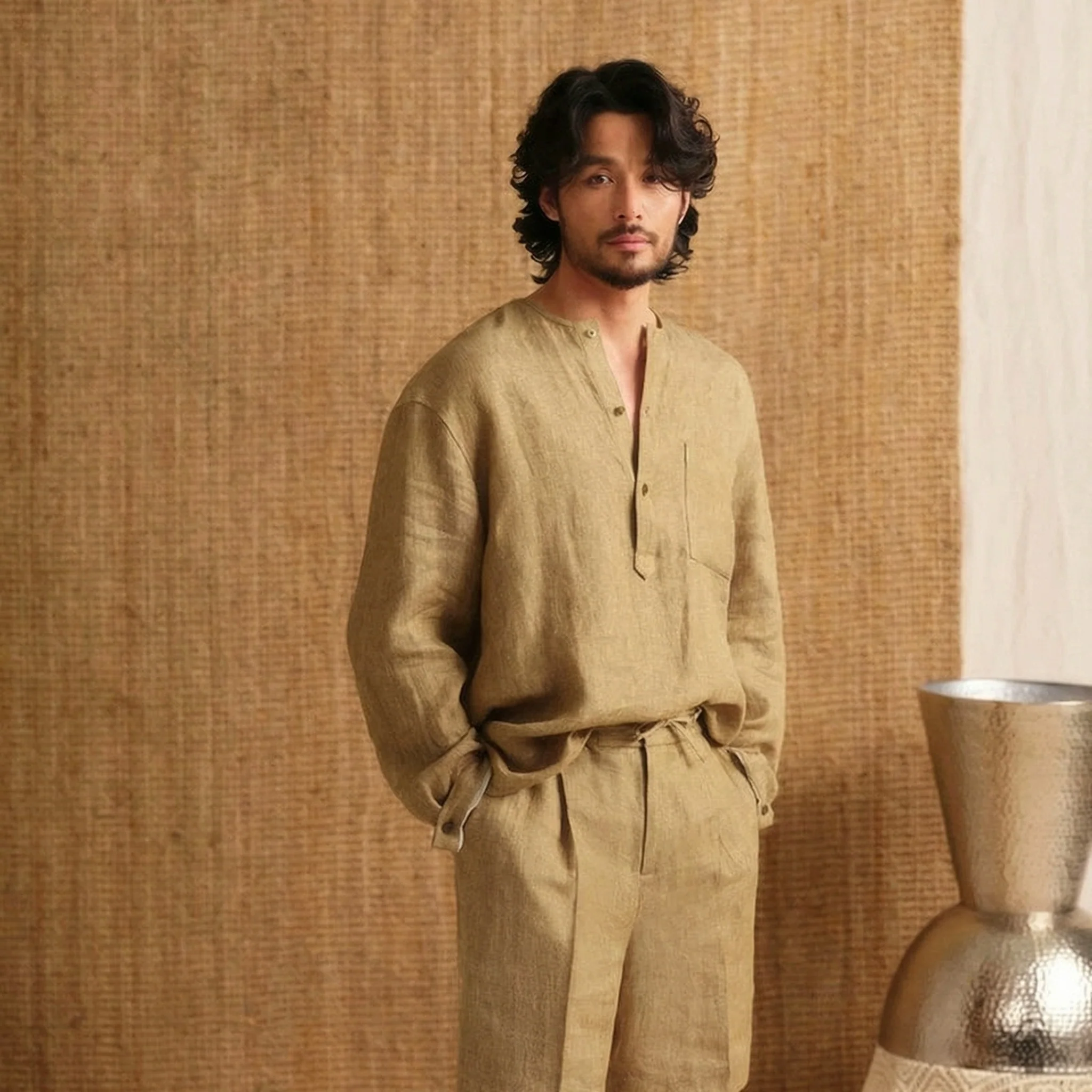 Collarless Linen Long-Sleeve Shirt - Image 10