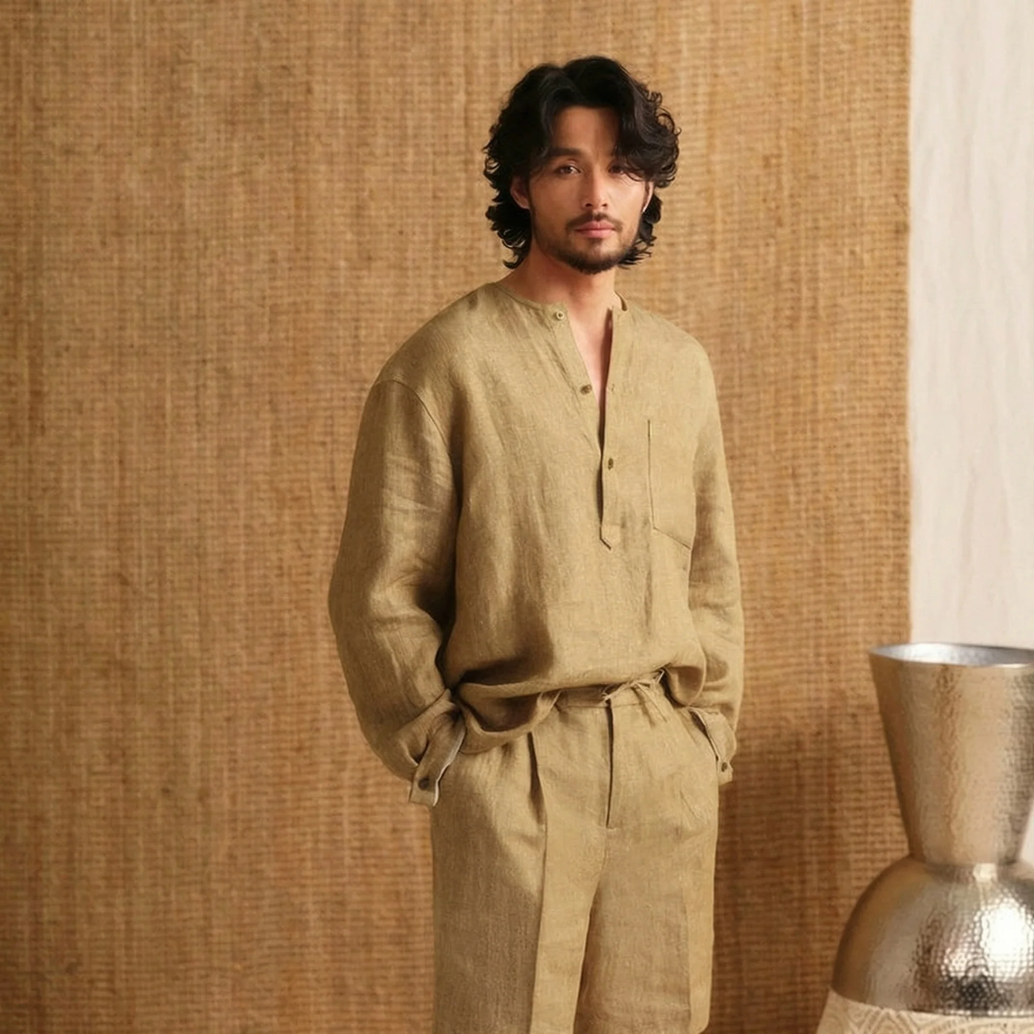 Collarless Linen Long-Sleeve Shirt - Image 11