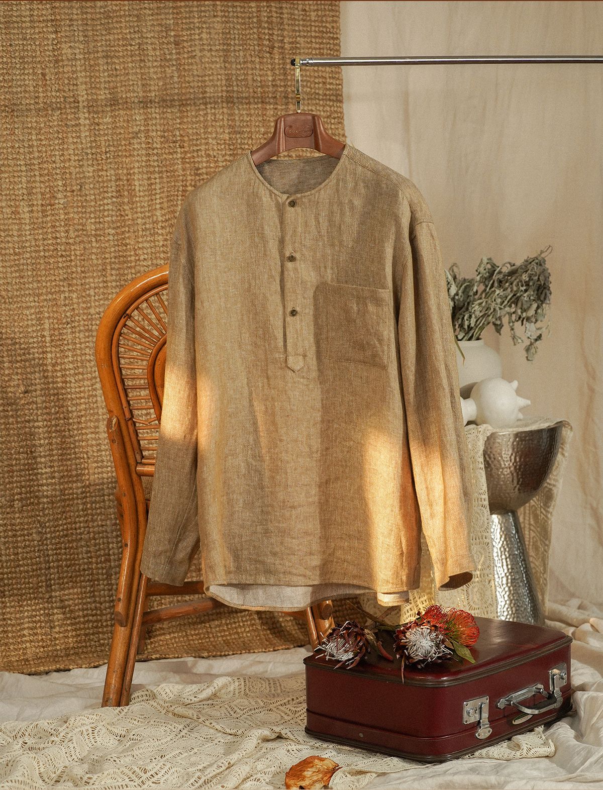 Collarless Linen Long-Sleeve Shirt - Image 14