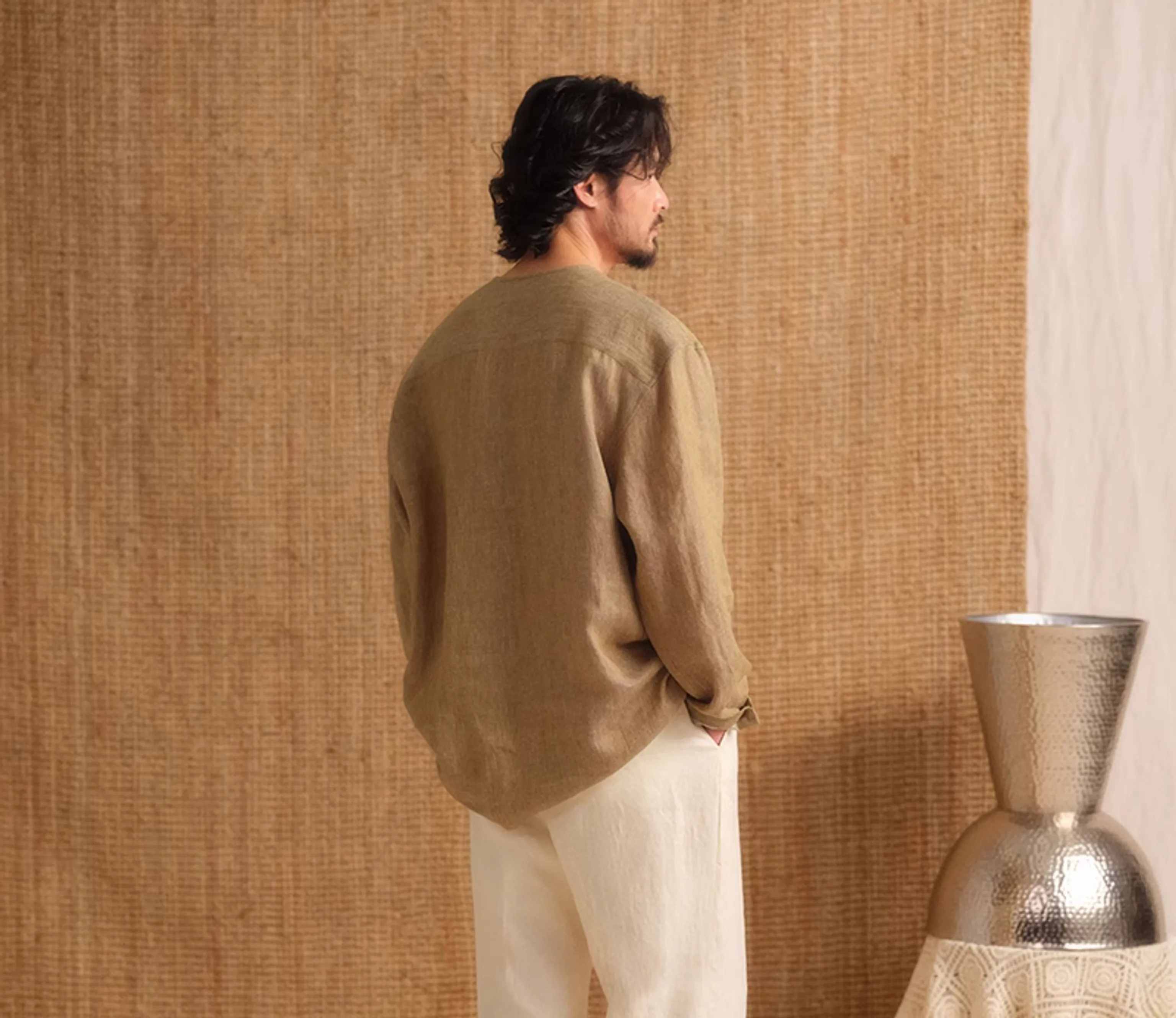 Collarless Linen Long-Sleeve Shirt - Image 4