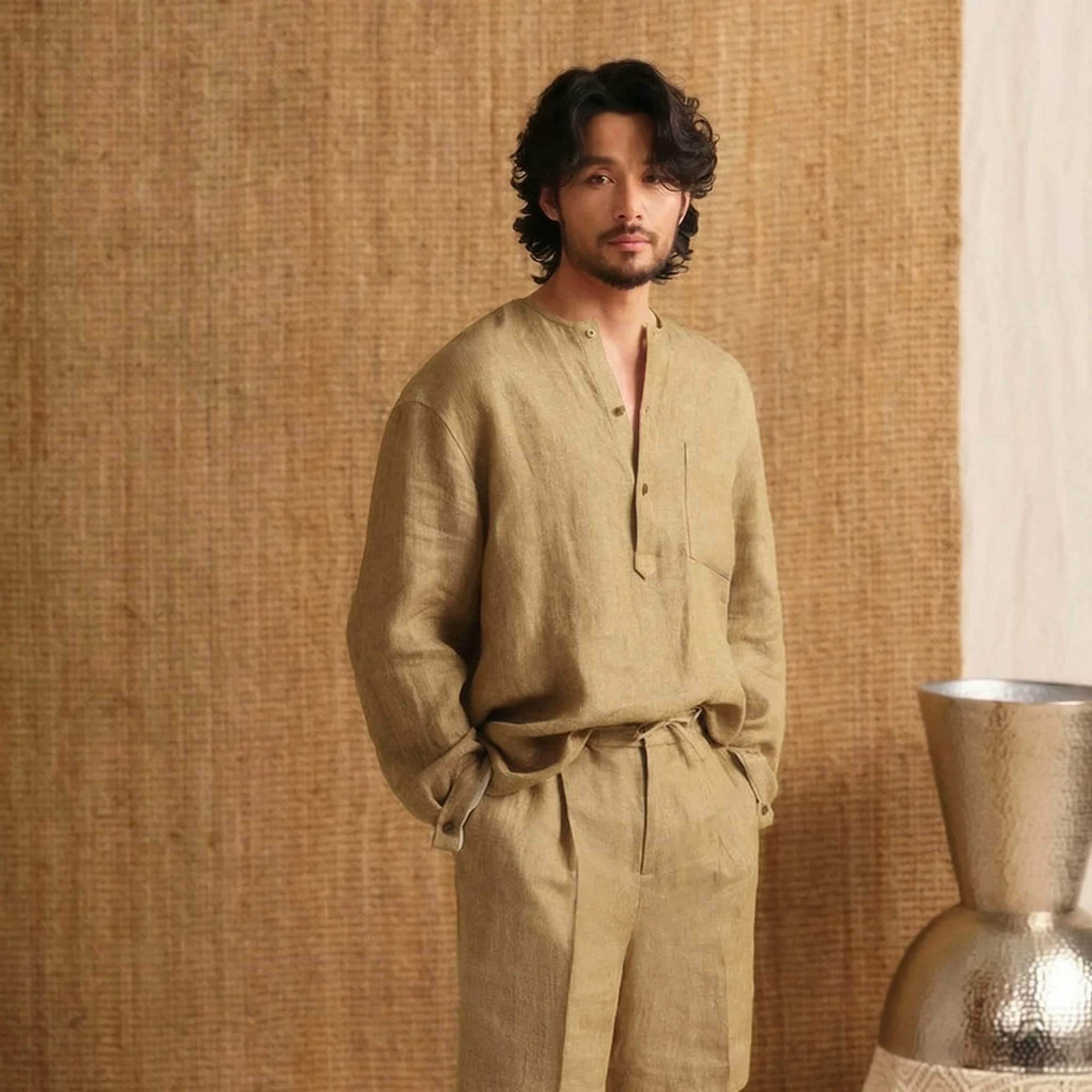Collarless Linen Long-Sleeve Shirt - Image 6