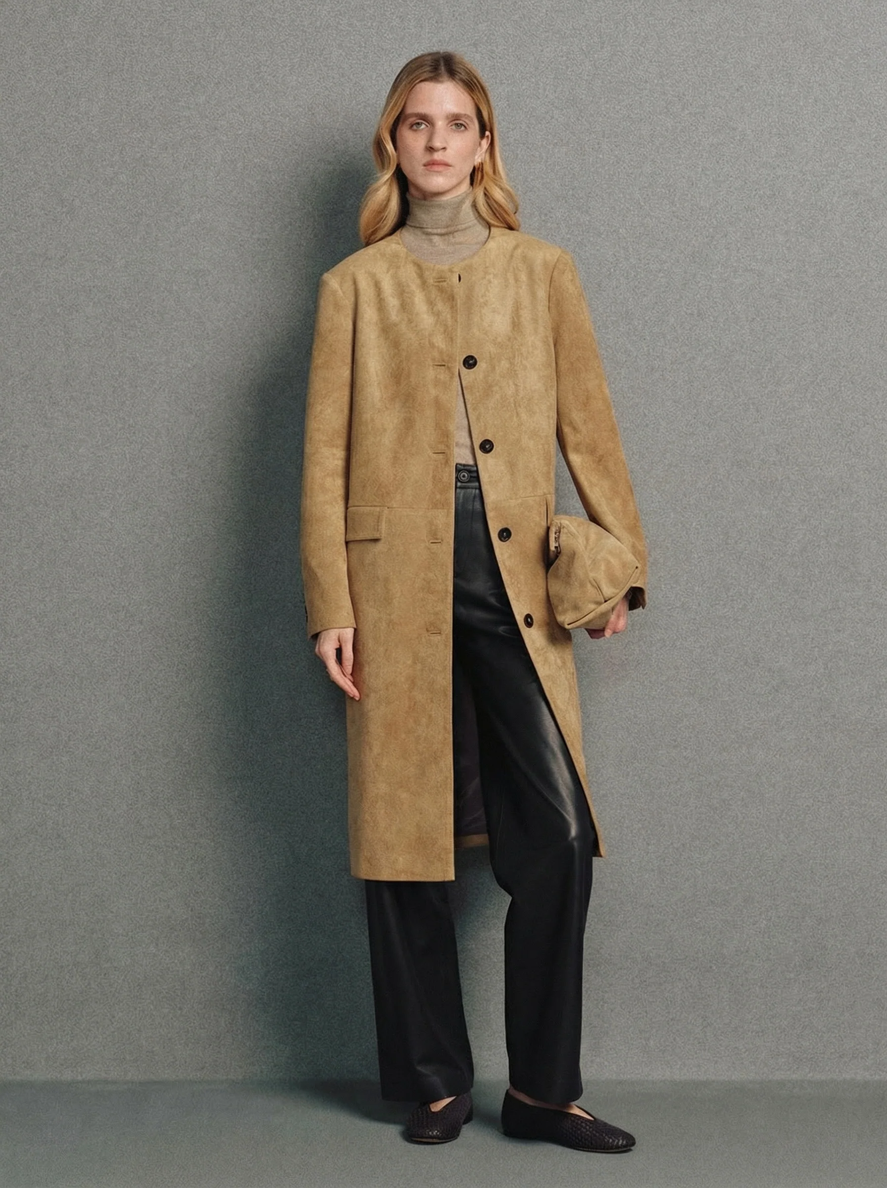 Collarless Suede Coat