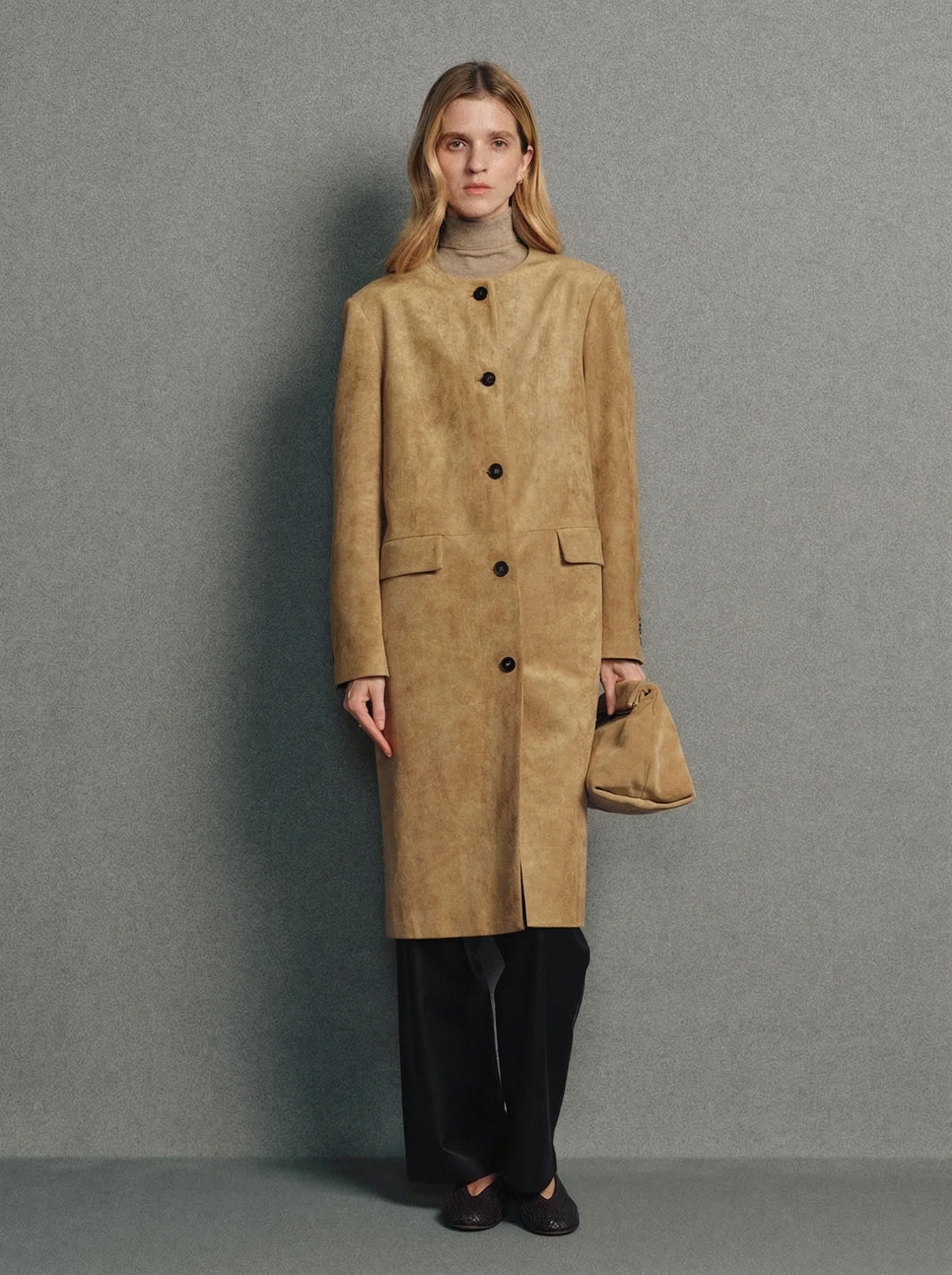Collarless Suede Coat - Image 4