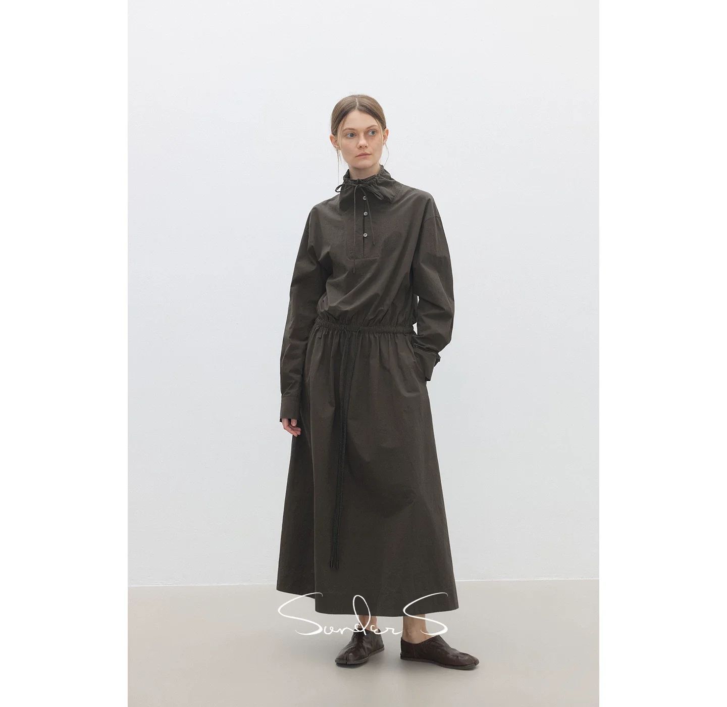 Combed Cotton Drawstring Collar Dress - Image 3