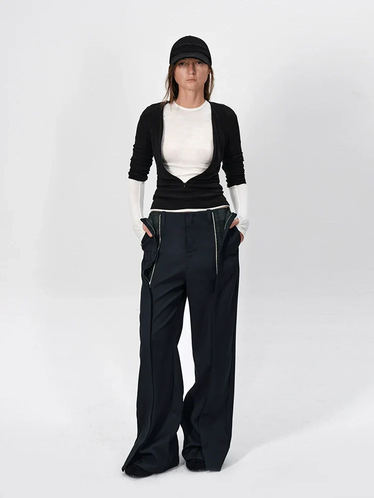 Contrast-Check Straight-Leg Trousers