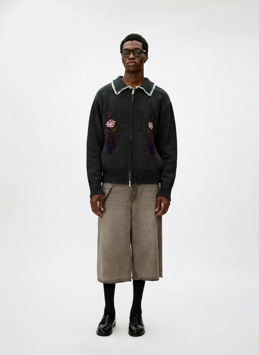 Contrast Collar Floral Intarsia Zip Cardigan