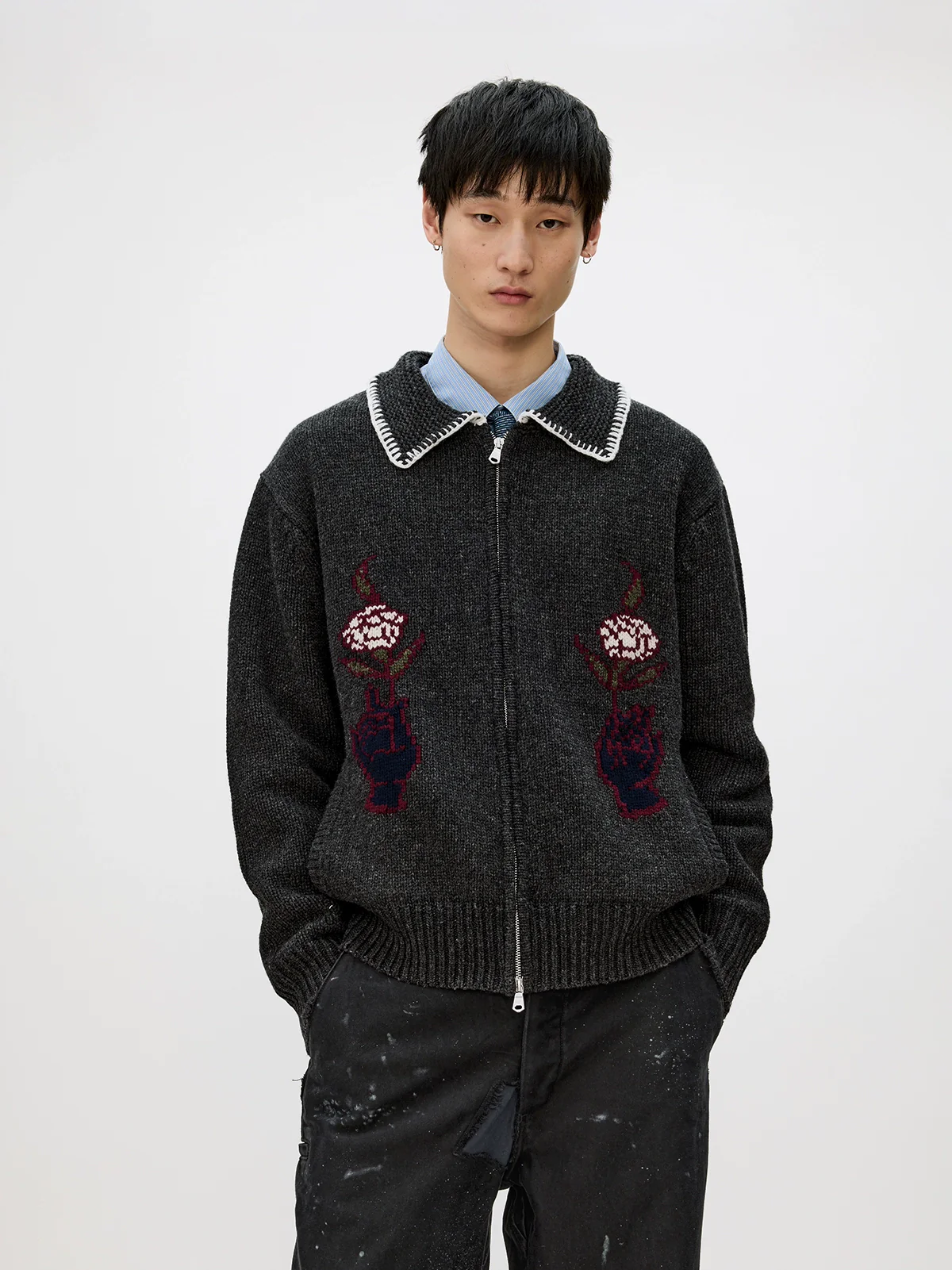 Contrast Collar Floral Intarsia Zip Cardigan - Image 3