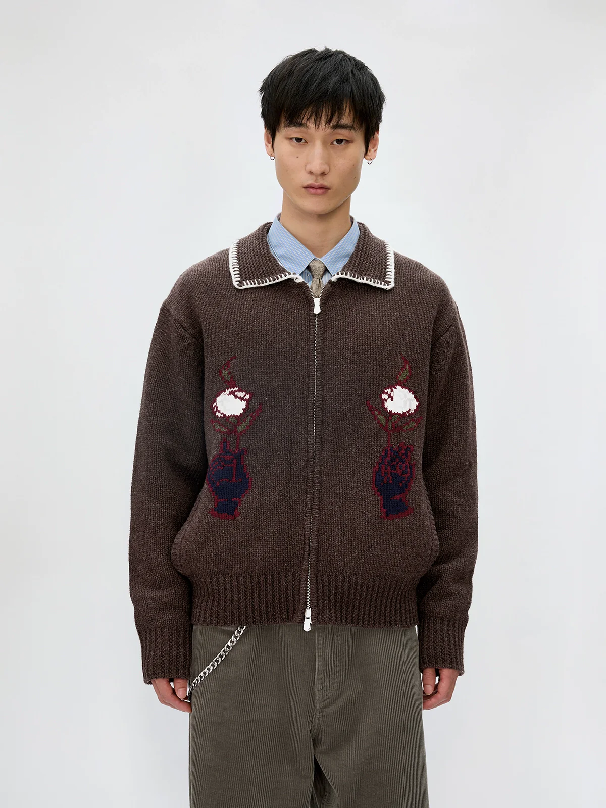 Contrast Collar Floral Intarsia Zip Cardigan - Image 4