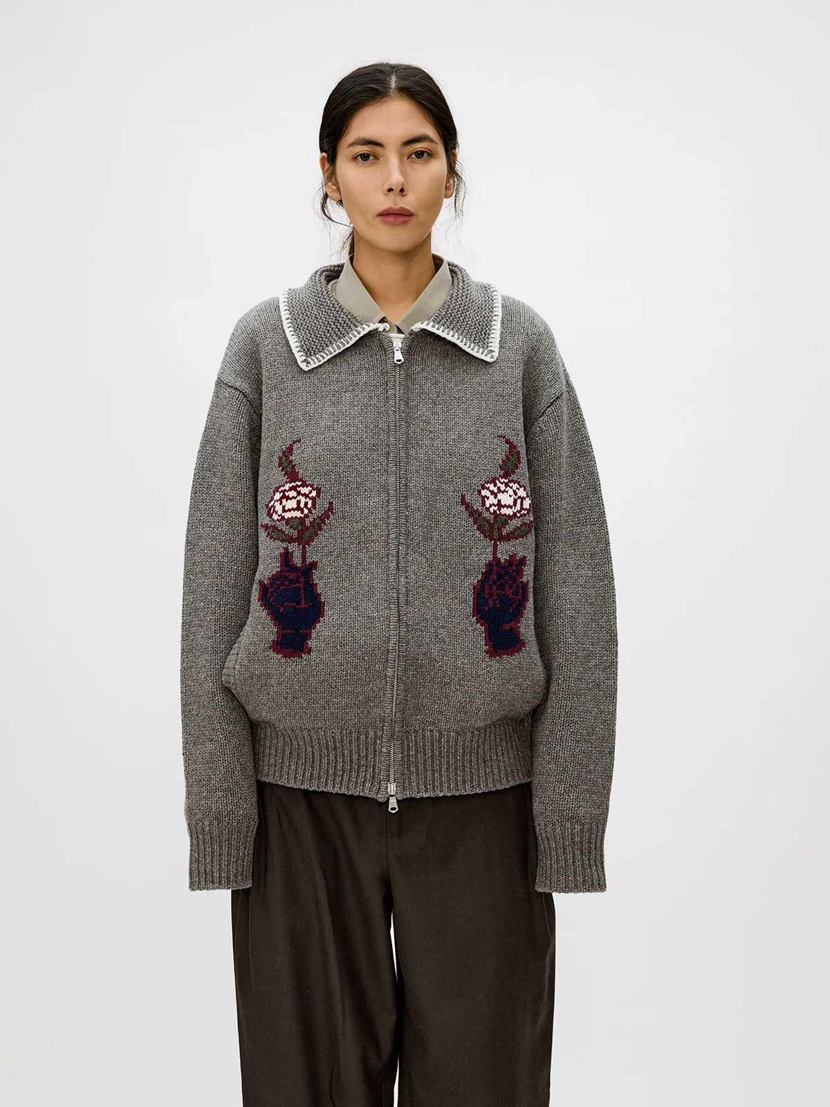 Contrast Collar Floral Intarsia Zip Cardigan - Image 5