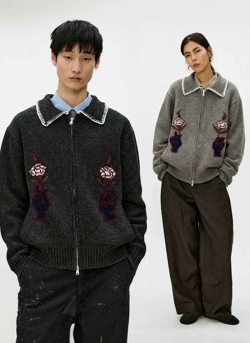 Contrast Collar Floral Intarsia Zip Cardigan - Image 6