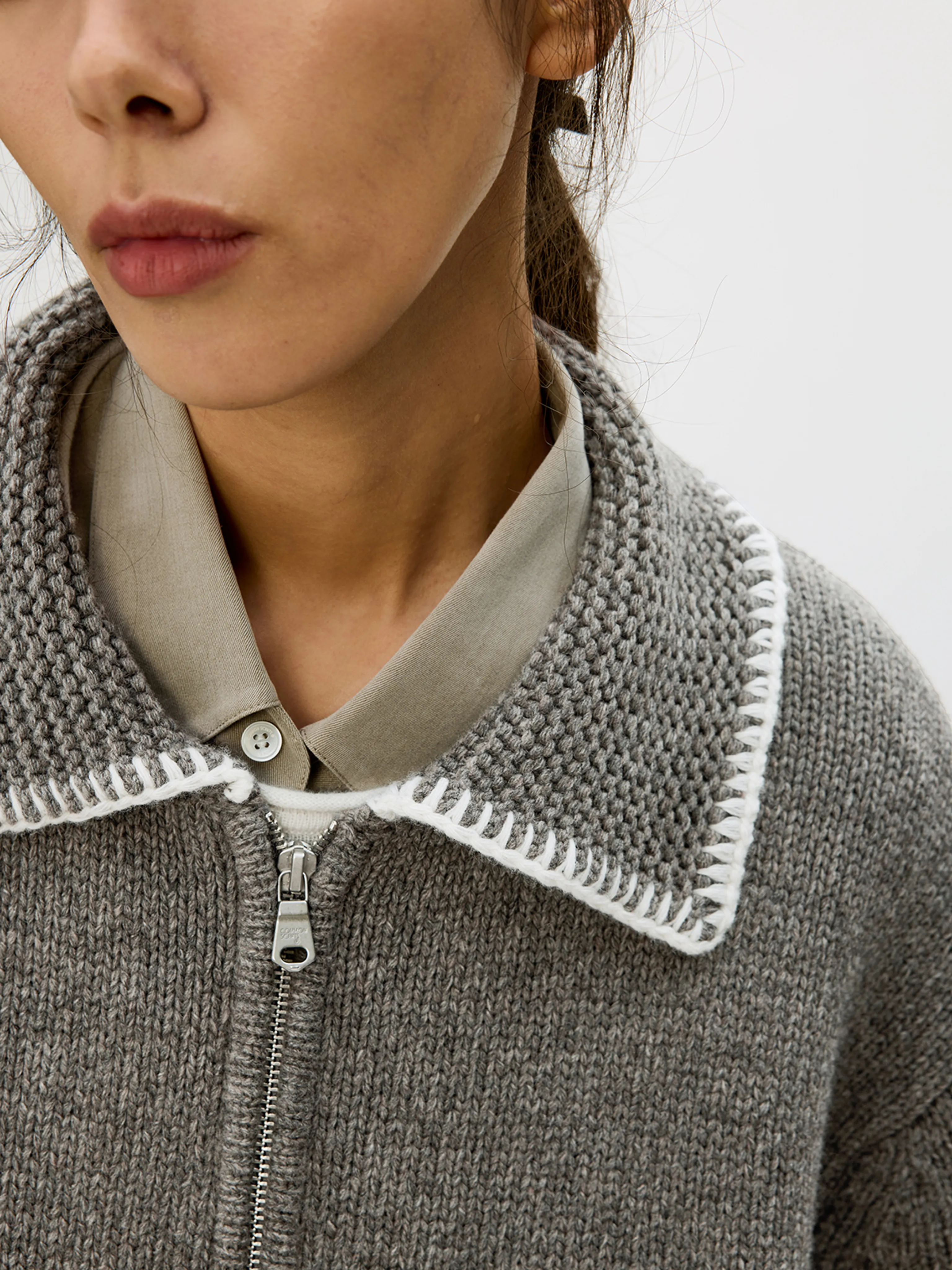 Contrast Collar Floral Intarsia Zip Cardigan - Image 7