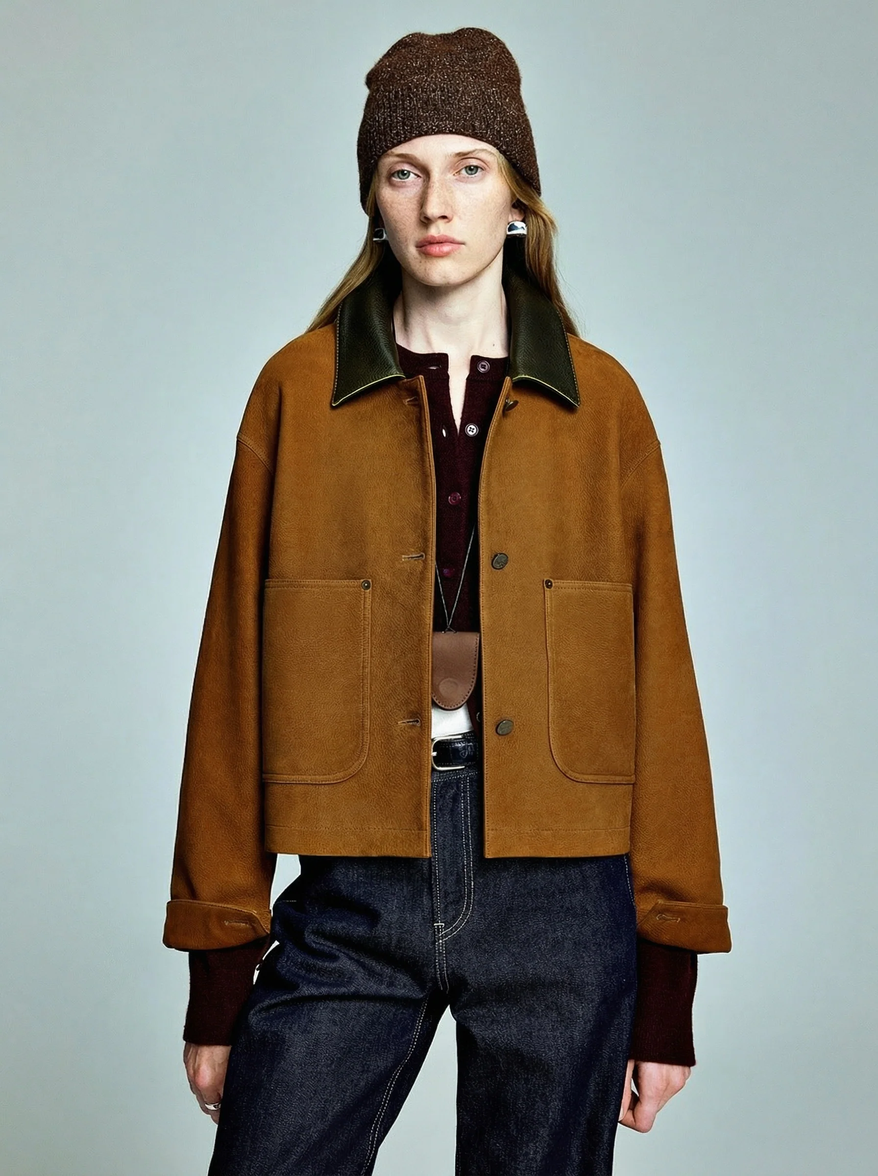 Contrast Collar Leather Jacket