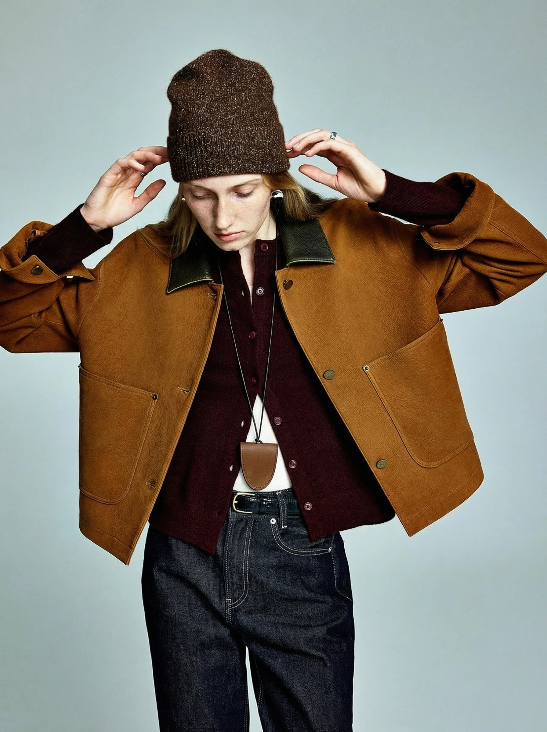 Contrast Collar Leather Jacket - Image 3