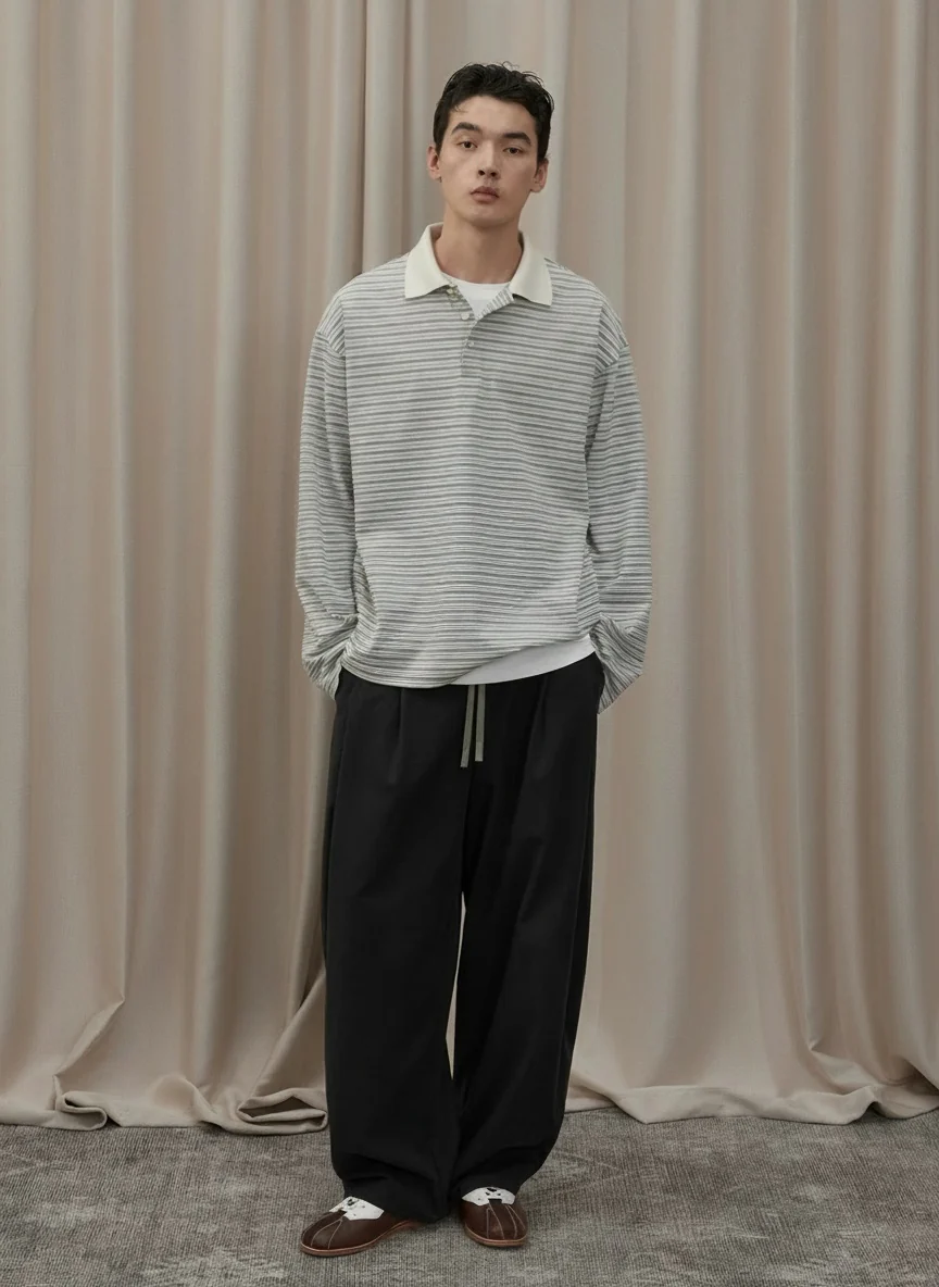 Contrast Collar Micro-Stripe Long-Sleeve Polo