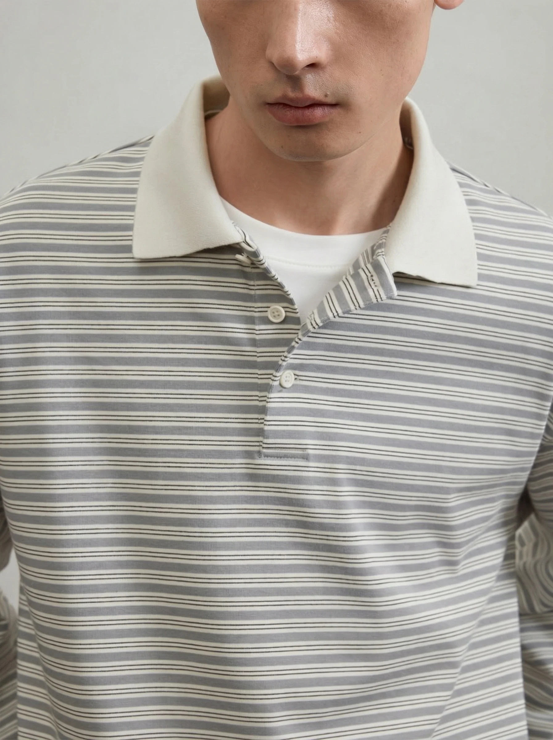 Contrast Collar Micro-Stripe Long-Sleeve Polo - Image 4