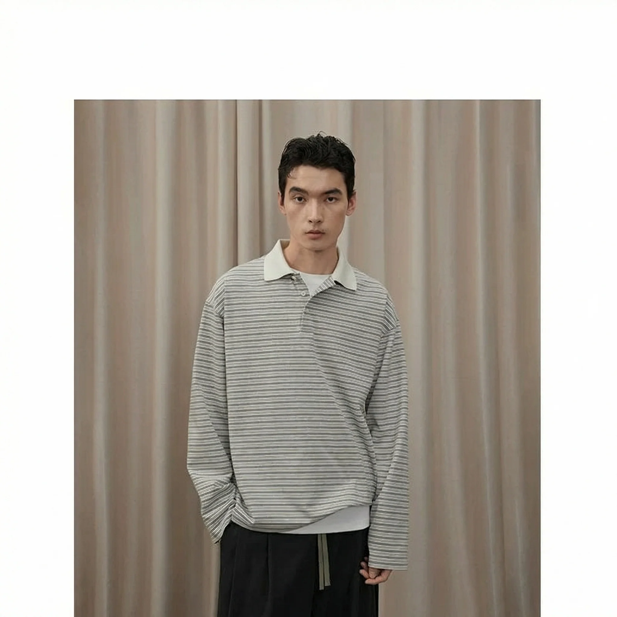 Contrast Collar Micro-Stripe Long-Sleeve Polo - Image 5