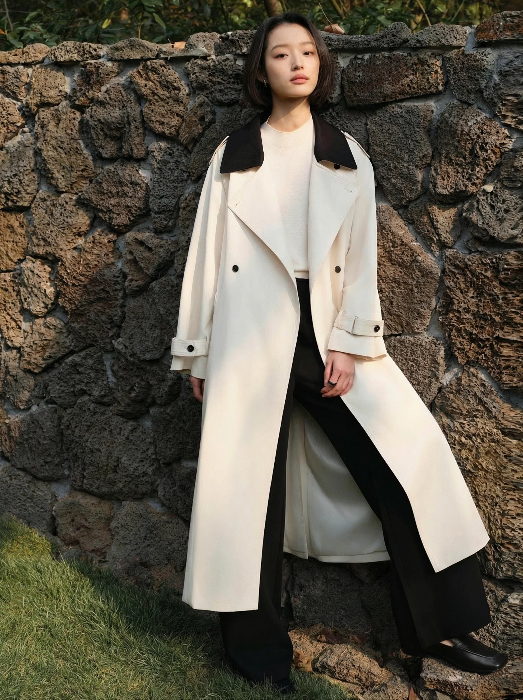 Contrast Collar Twill Trench Coat