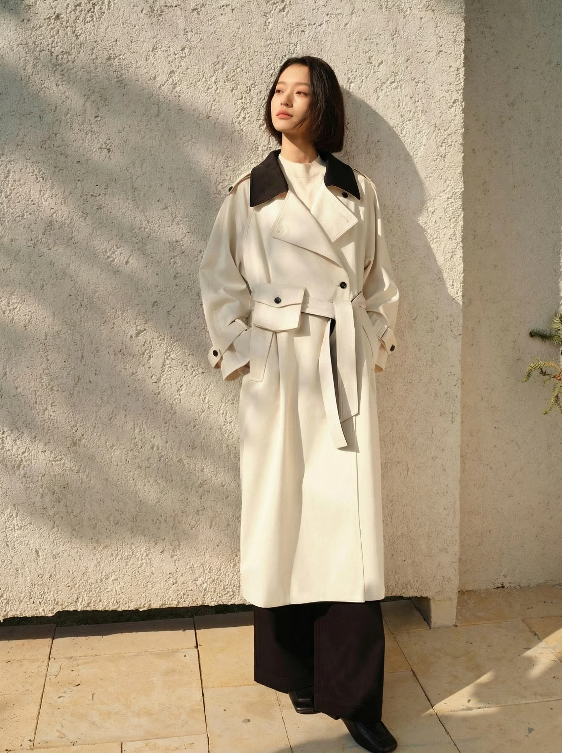 Contrast Collar Twill Trench Coat - Image 2