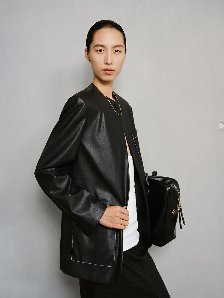 Contrast Stitch Faux Leather Jacket - Image 2